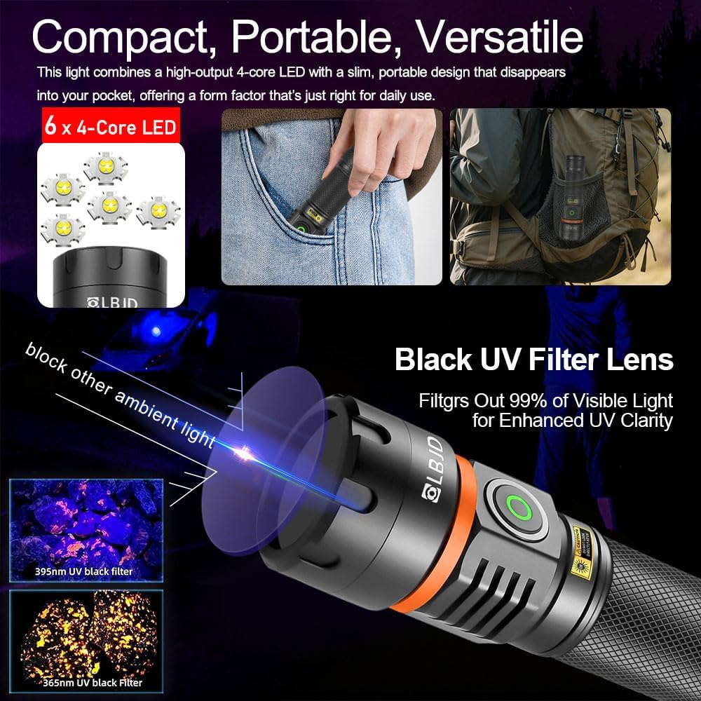 Rechargeable 365nm UV Blacklight Flashlight - High Power Pet Urine Detector, Detect Stains, Scorpion & Yooperlite Hunter, Outdoor Activities | USB-C Phone Charger, Long-Lasting Battery