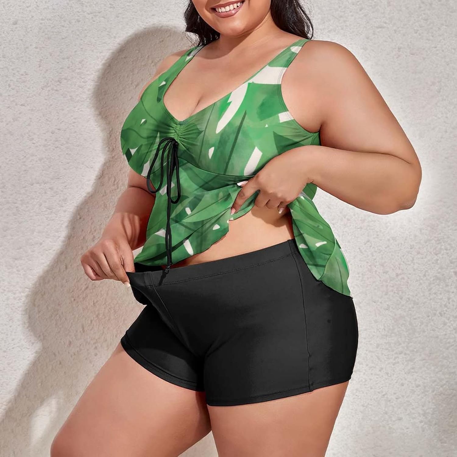 Plus Size Tankini Swimsuit for Women Tropical Monstera Leaves Tankini Bathing Suit Tummy Control Swim Dress Two Piece Hawaiian Summer Tropical Island Vegetation Leaves Swimsuits with Top/Boyshorts