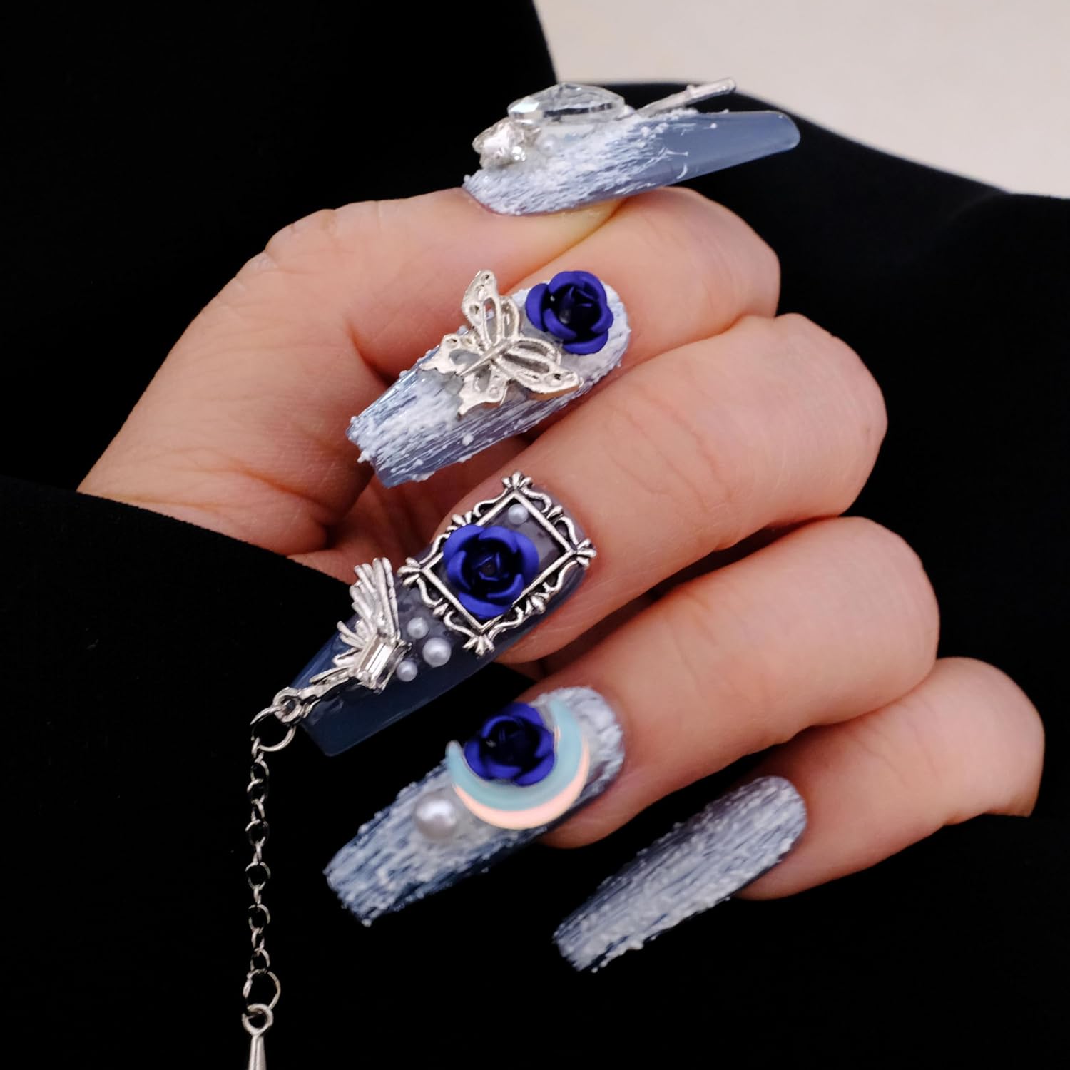 Handmade Press On Nails, 3D Blue Rose Design with Moon Charms, Long Coffin Style, 10 Pieces (Small,LB)