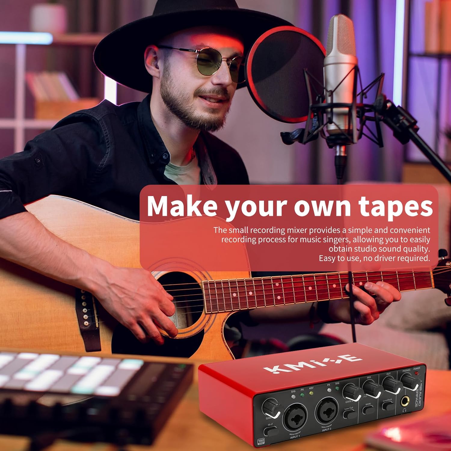 Kmise USB Audio Interface, Computer Recording Audio Interfaces with 48V Phantom Power for Recording, Studio Quality Sound, Compatible with Guitarists, Vocalists, Podcasters (USB 3.0 Type-A)