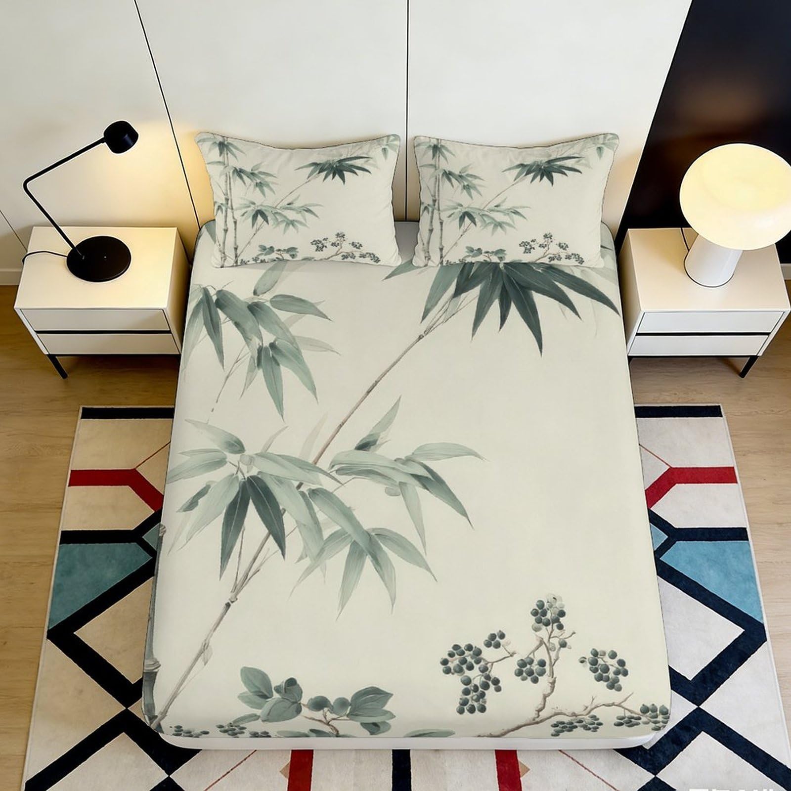 3D Printed Bamboo Leaf Fitted Sheet Microfiber Anti-Slip Botanical Mattress Cover Bedroom Decor Easy Care 120x200cm 200x200x25cm