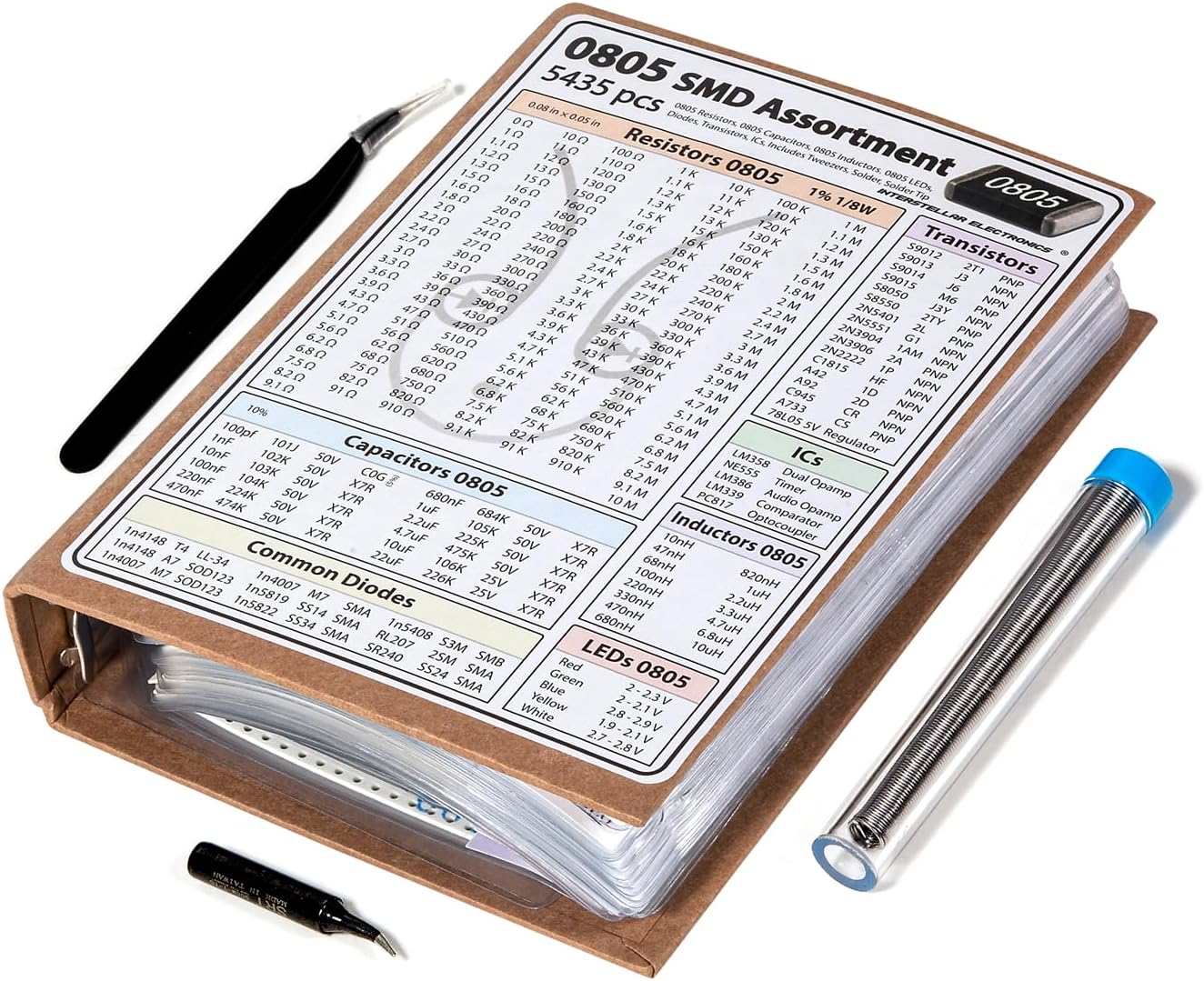 SMD 0805 Resistors, Capacitors, Transistors and Electronic Components Assortment Kit SMT Book - 5435 pcs