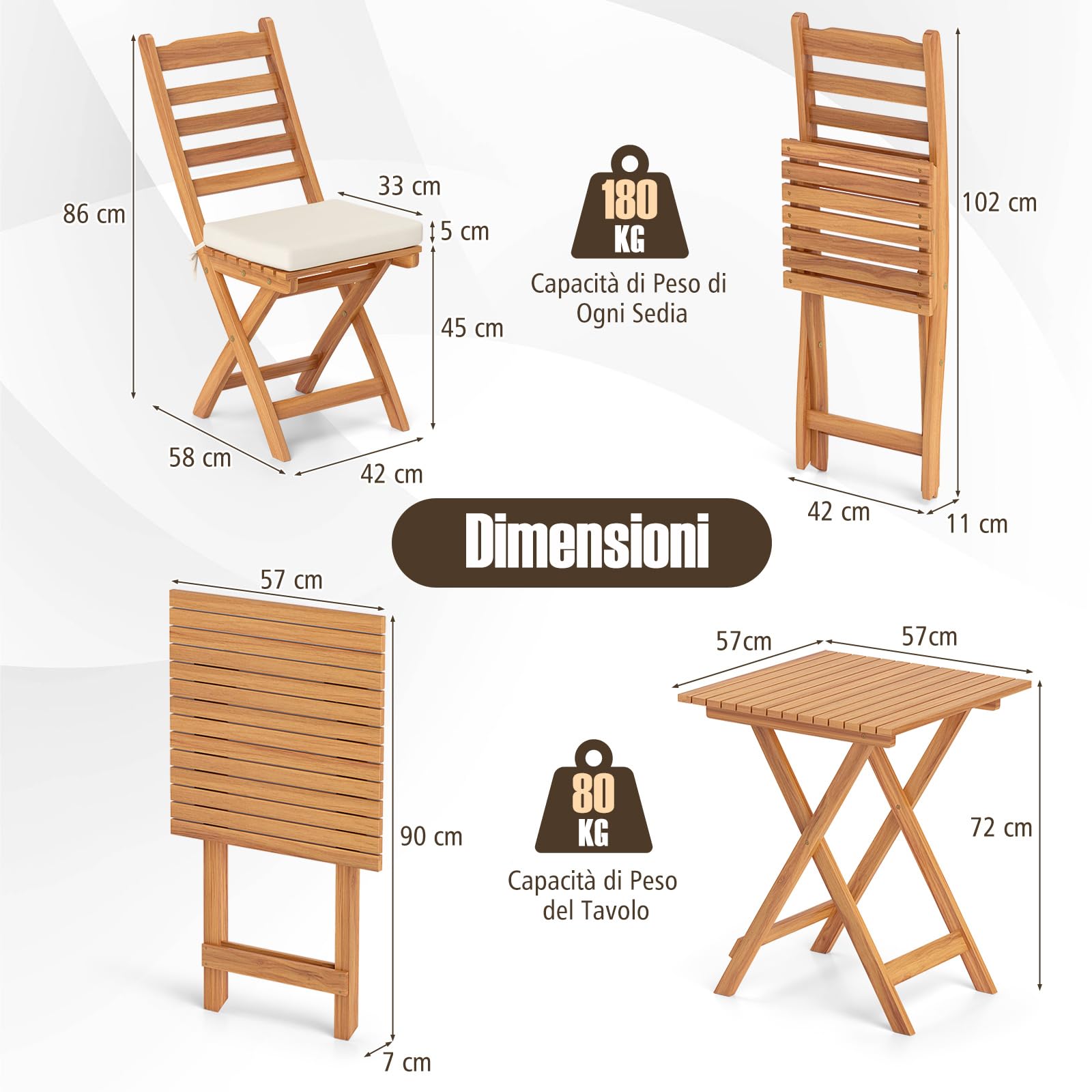 COSTWAY Bistro Set Esterno Legno Acacia Tavolo 2 Sedie Pieghevoli con Cuscini