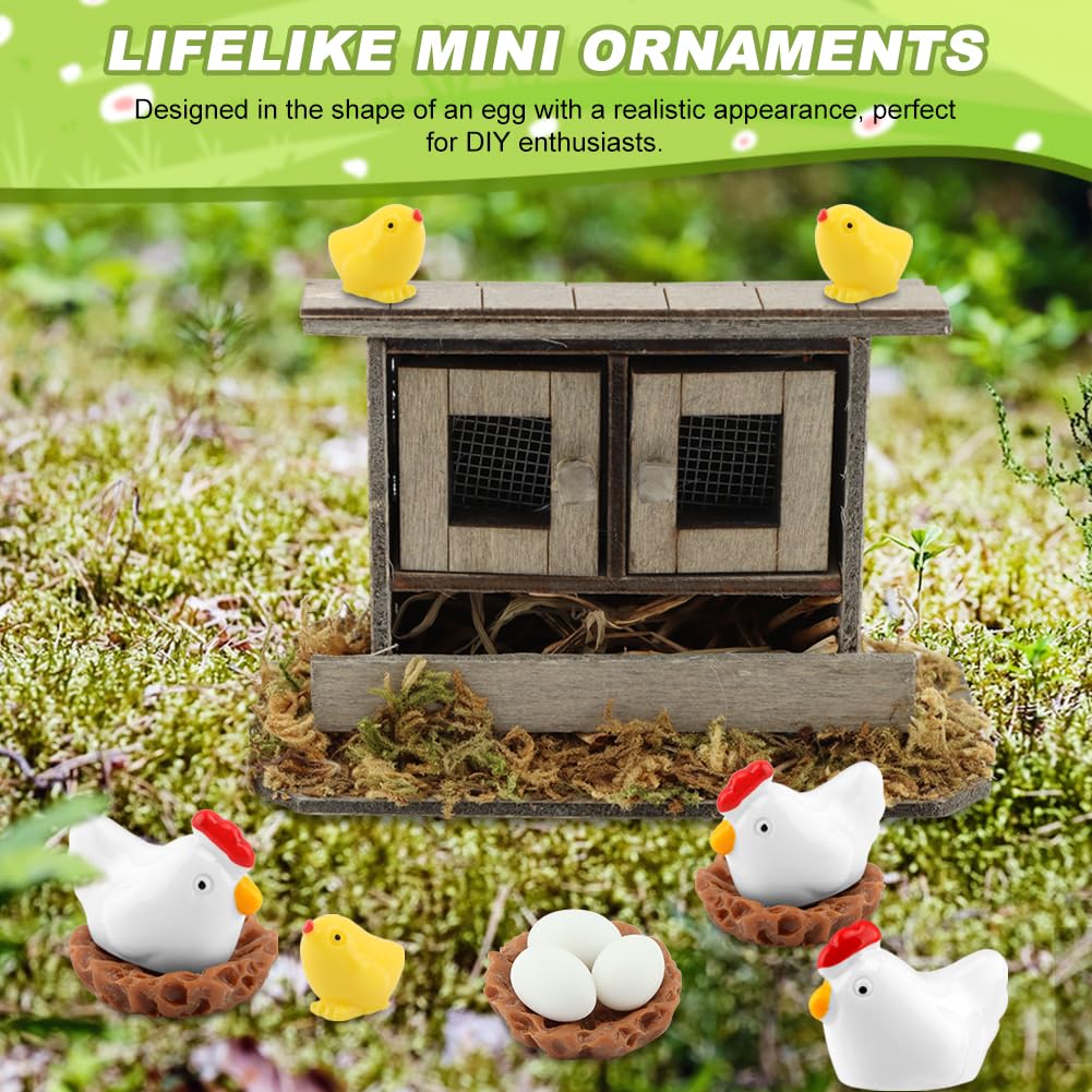 Set di pollai in miniatura, 13 pezzi, in legno, con galline, pulcini, uova e nidi, decorazione per giardini fatati, mini paesaggi fai da te e decorazioni per la casa