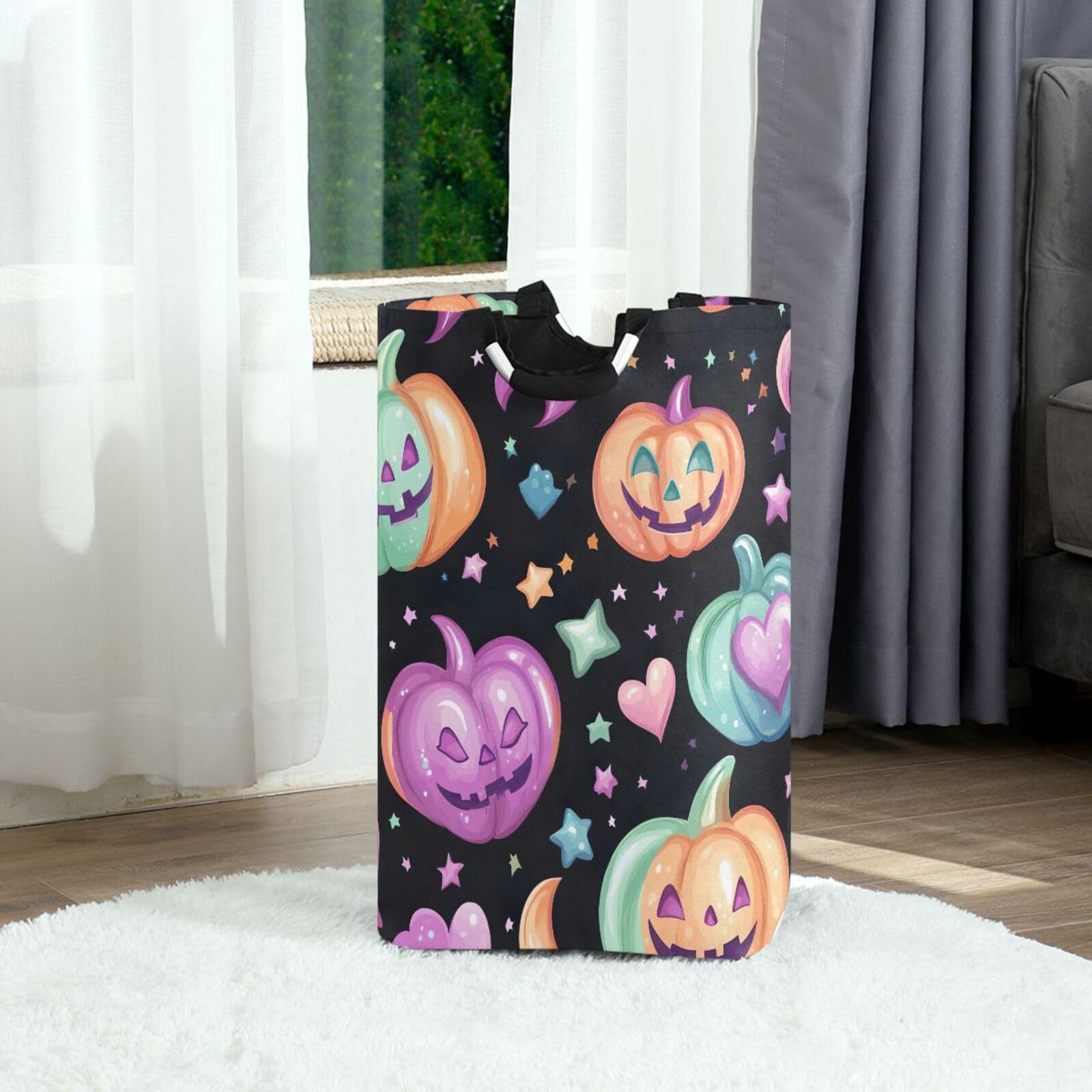 Jihqo Laundry Hamper Basket Halloween Pumpkins and Hearts Collapsible Nursery Storage Bin Waterproof Clothing Baskets for Home Bedroom Bathroom Washing Room