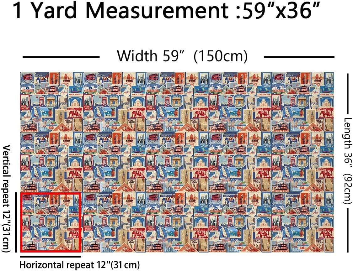 Travel Themed Fabric by The Yard World Urban Landscape Decorative Fabric for Sewing Lovers Cartoon City Building Retro Plaid Fabric for DIY Outdoor Indoor Furnishing Hobby 3 Yards,108" L x 59" W