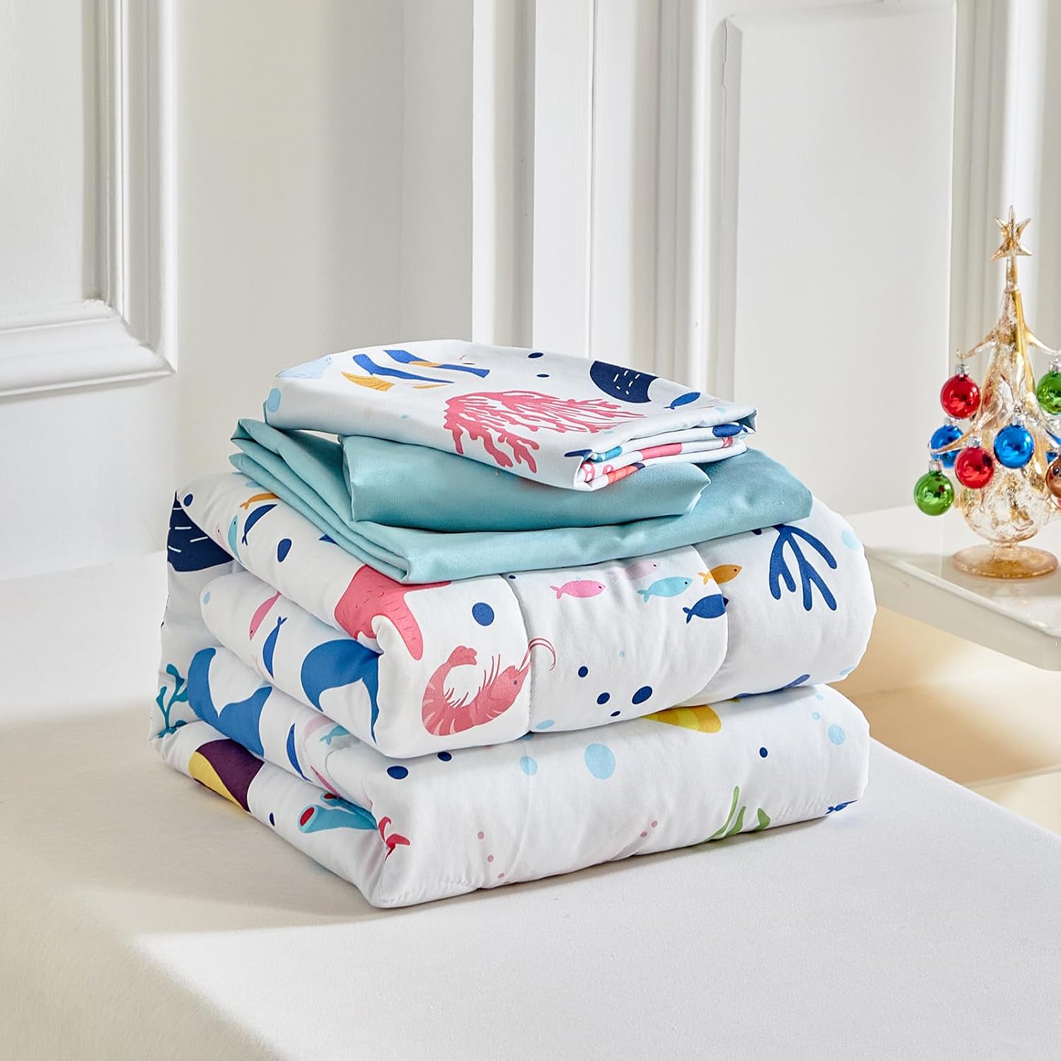 Joyreap 4 Piece Toddler Bedding Set- Ocean Theme White Design, Microfiber Toddler Bedding Comforter Set for Kids Boys Girls