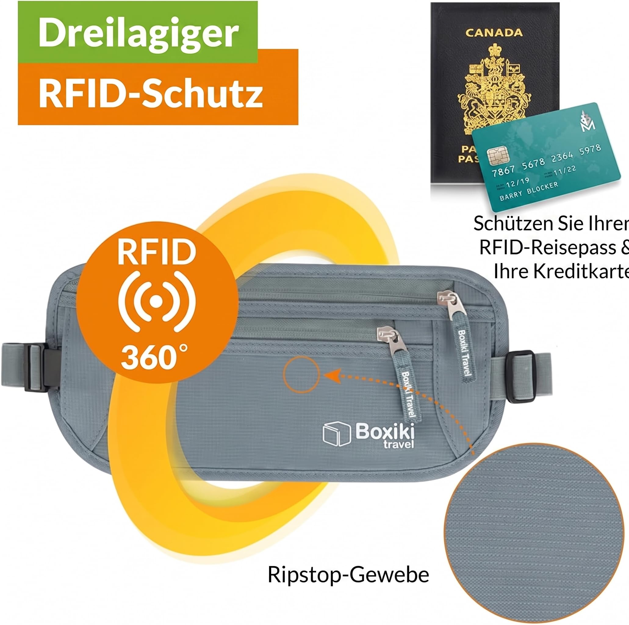 Boxiki Travel Grauer Geldgürtel + RFID-Hüllen 8 Stück (3 Kreditkarten- und 1 Reisepasshülle in Marineblau sowie 3 Kreditkarten- und 1 Reisepasshülle in Weiß)