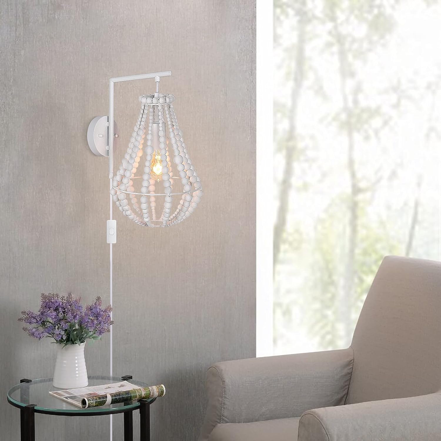 Plug in Wall Sconce, Coastal White Wood Beaded Wall Lights - Super Cute Chic Light for Bedroom, Kids Room