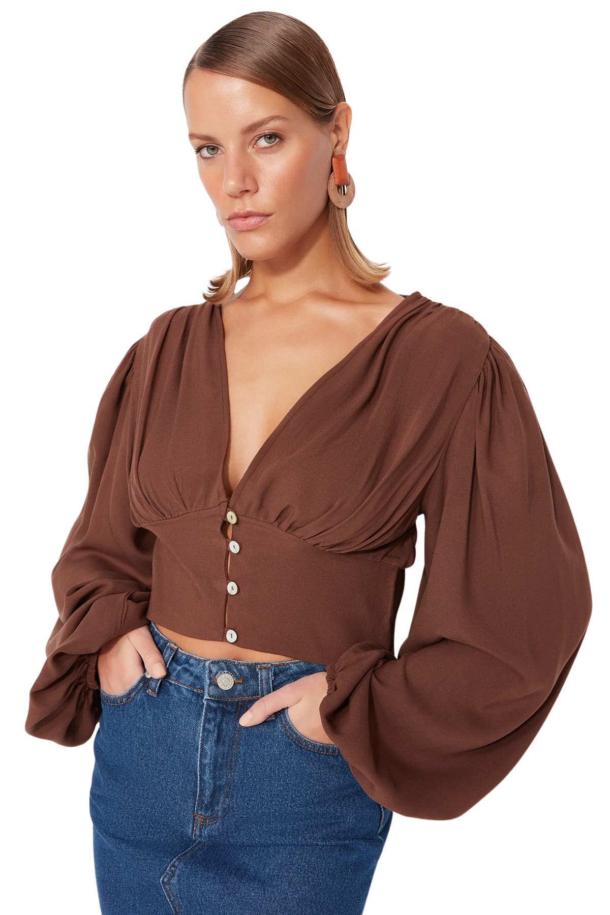 Trendyol Women Fitted Basic V Neck Woven Blouse,Brown,40