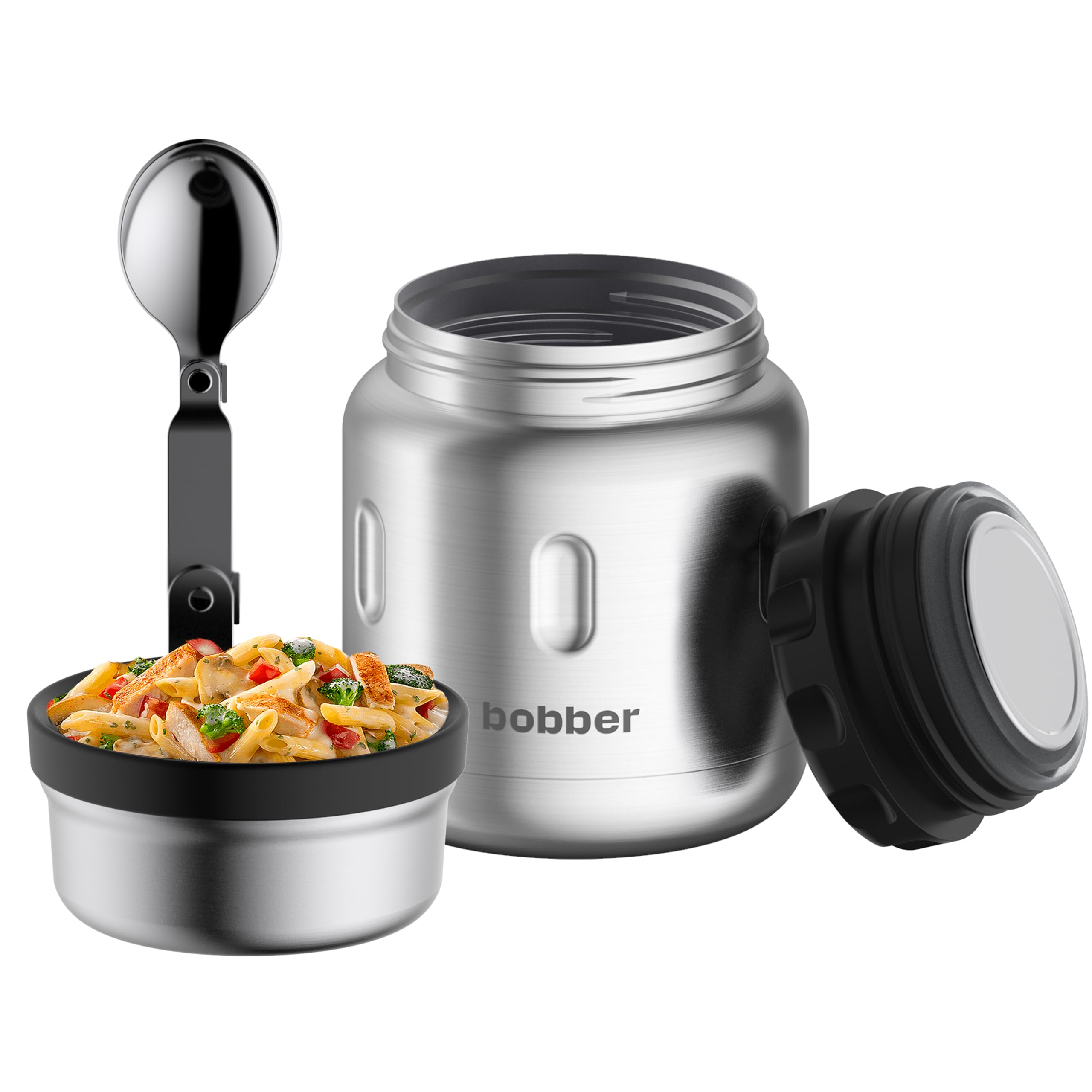 BOBBER 453.6 g Isoliertes Edelstahl-Thermoglas mit breiter Öffnung, integriertem Löffel und Schüsseldeckel - perfekt für heiße Speisen, hält Suppen 10 Stunden heiß, 15 Stunden kalt (matt)