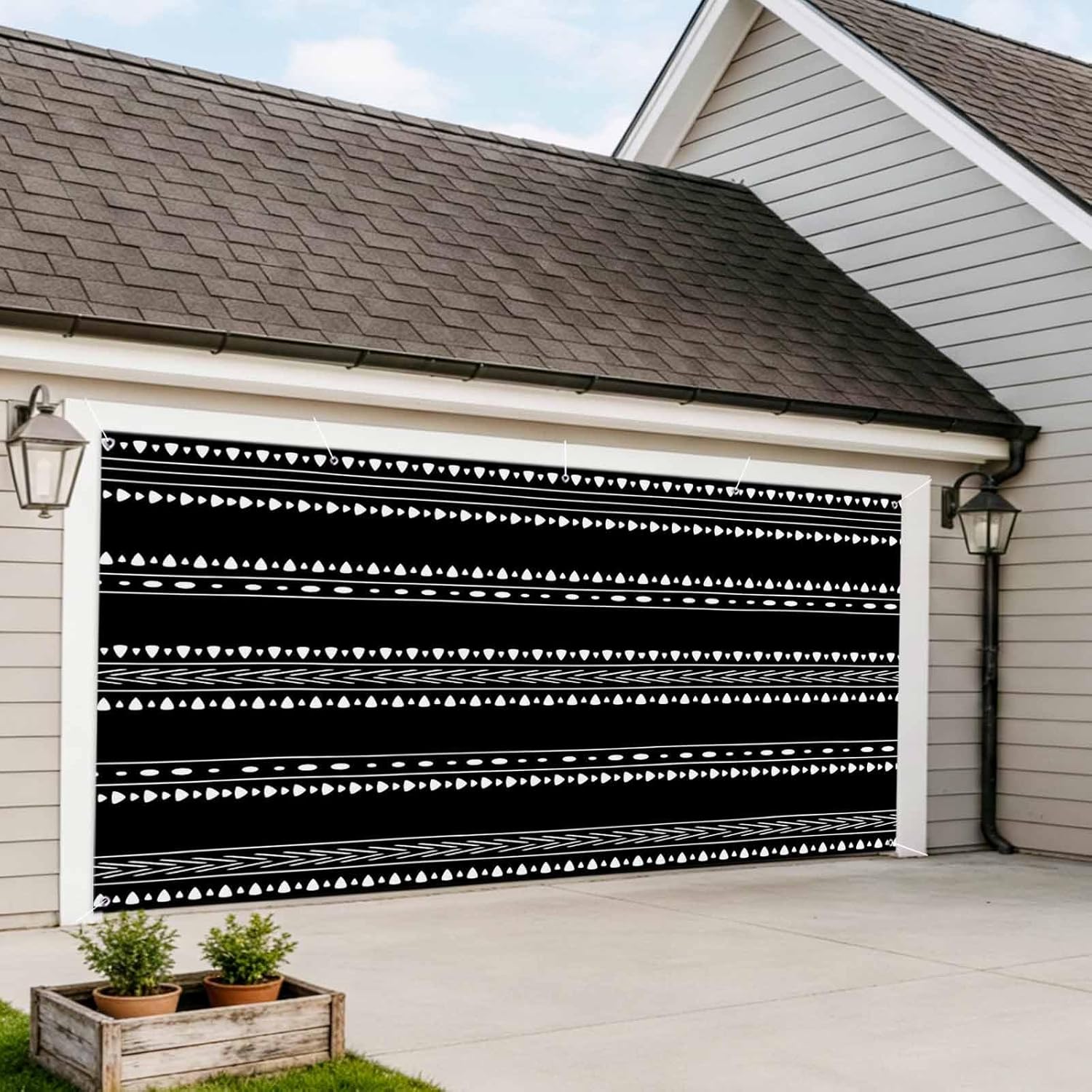 White Bohemia 7 x 16 ft Garage Door Cover Black Boho Geometric Lines Large Decorations Waterproof Banner for Holiday Outdoor Decor