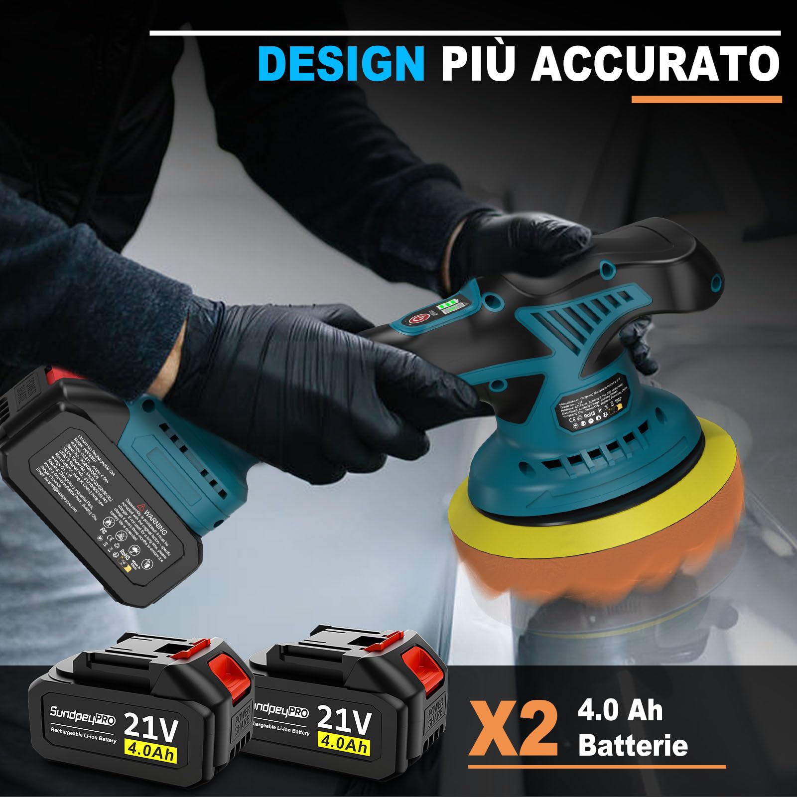 21V Lucidatrice Auto a Batteria, SundpeyPRO Lucidatrice Rotorbitale da 6 Pollici con 2 Batterie da 4.0Ah e 8 Velocità Variabili e 6000RPM, Lucidatrice Auto per la Pulizia Dell'auto e la Lucidatura