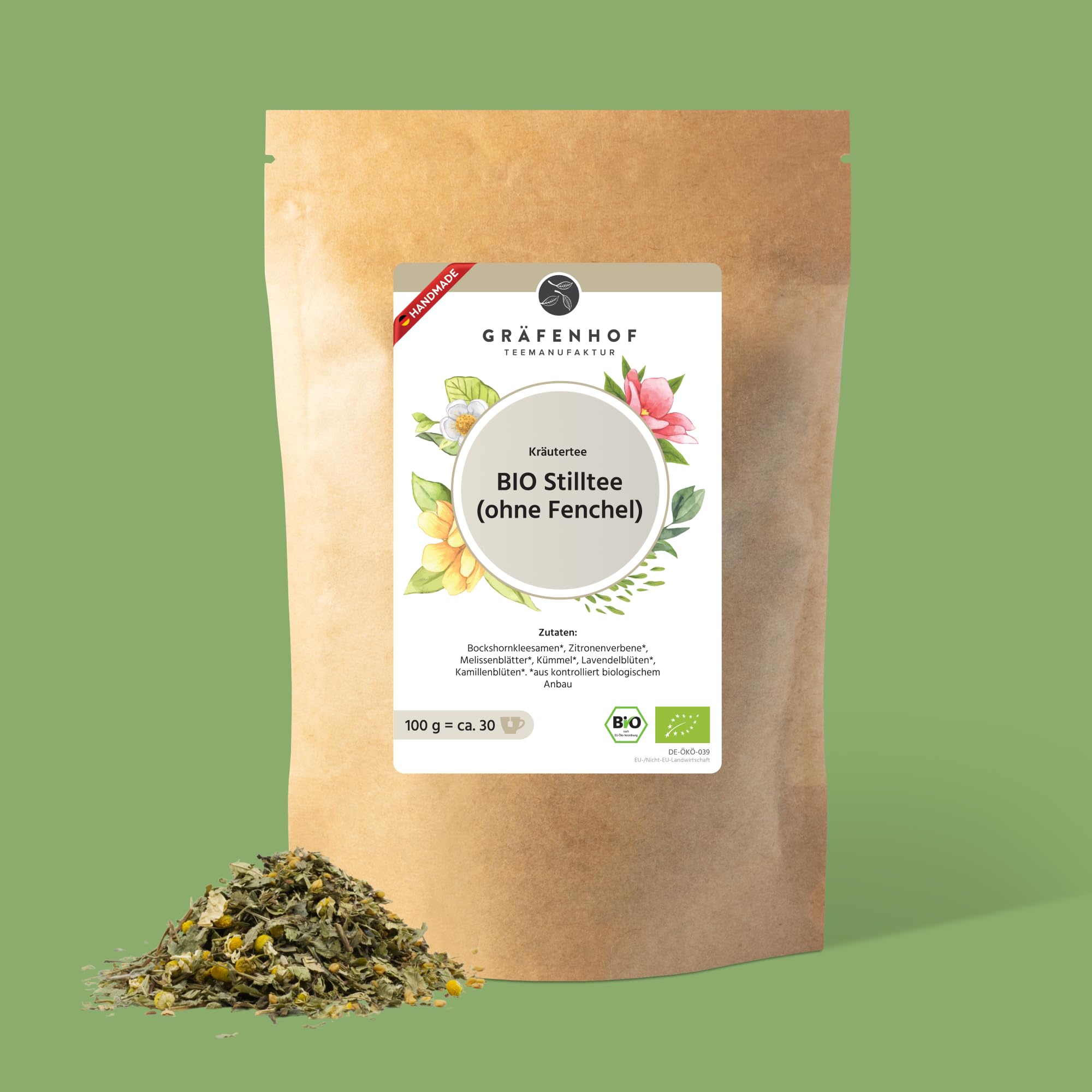 Gräfenhof Stilltee Bio ohne Fenchel, 1000g loser Kräutertee mit Bockshornklee, Zitronenverbene, Melisse & Kümmel, koffeinfrei, mild im Geschmack, Premium Qualität, in DE abgefüllt