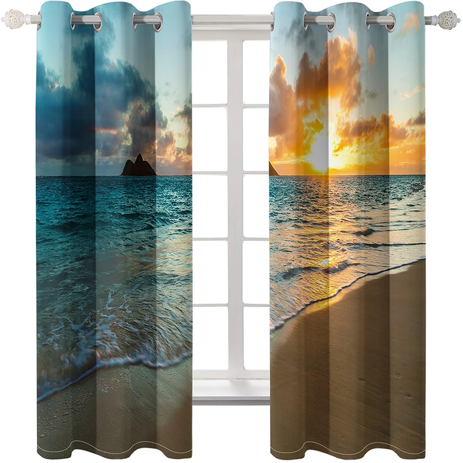 Gardinen Verdunklung 229 cm Lang, Abdunkelnde Vorhänge mit Ösen 2er Set Blau Grün Braun Sonnenuntergang Strand Landschaft Vorhang für Wohnzimmer Schlafzimmer, 86x229 cm(BxH)