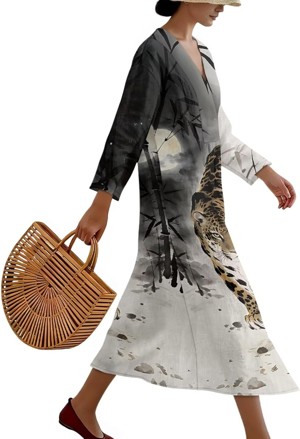 Wanyint Womens Shift Dress Loose Flowy 3/4 Sleeve Day Dress Linen-Like Polyester V Neck Beach Cover Up Boho Sundress, S-4XL