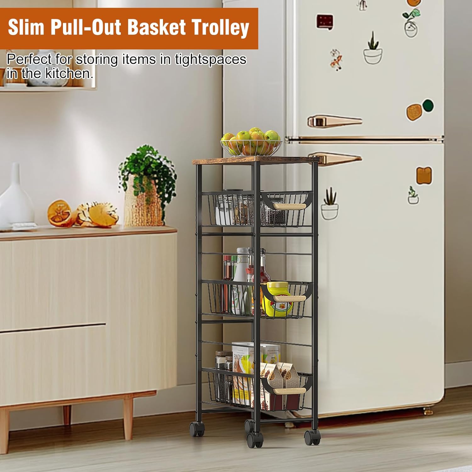 4-Tier Slim Rolling Cart with Pull-Out Baskets & Wooden Top Narrow Mobile Storage Organizer, Multipurpose Utility Cart with Handle for Small Spaces, Kitchen, Bathroom, Laundry Room, Office, Brown