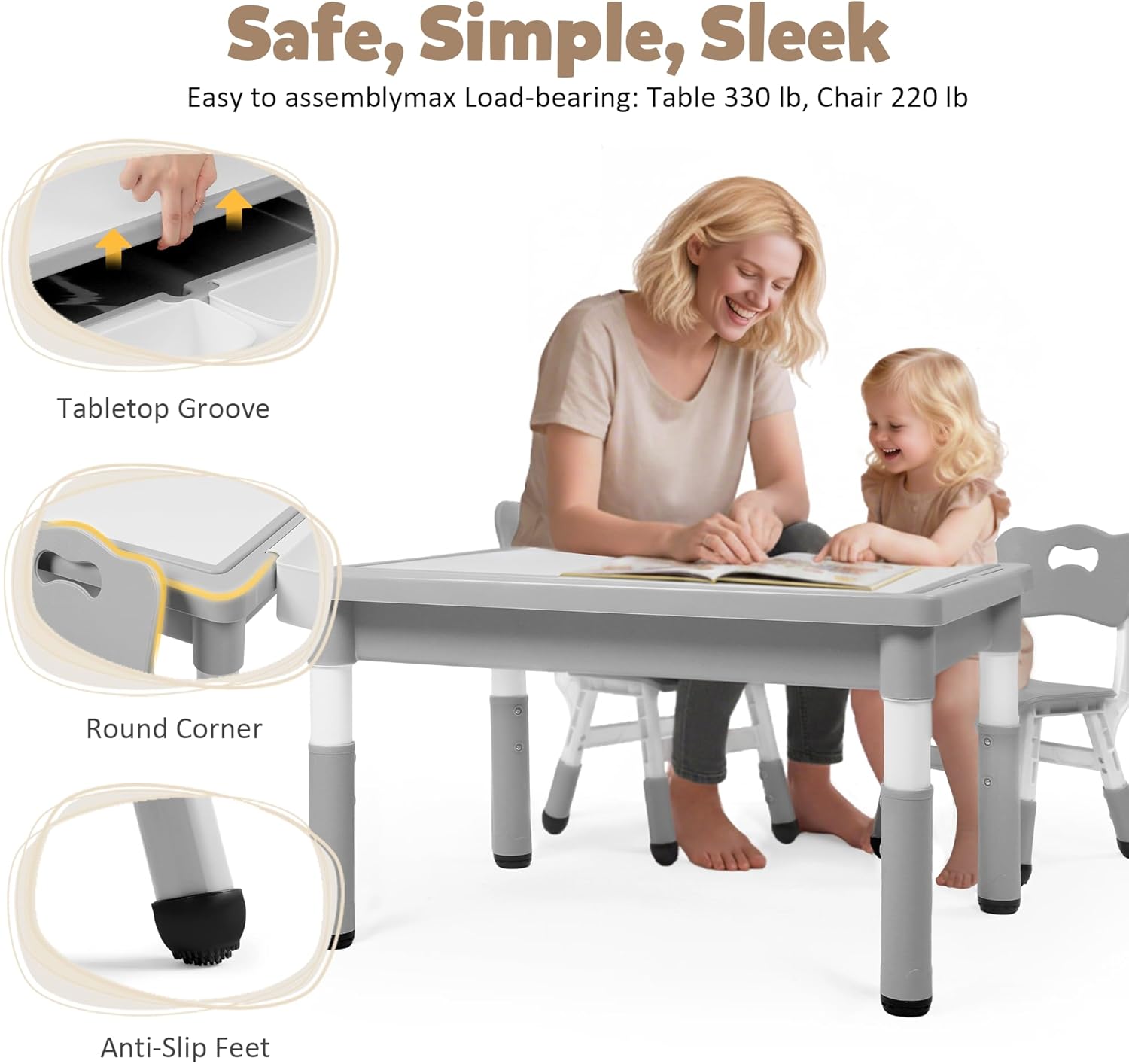 Kids Table and Chairs Set Large Storage, Height Adjustable Toddler Activity Table and 2 Chairs Set, 34.6x24.8" Graffiti/Block Building Desktop, 4 Side Boxes, Kids desk for Home, Preschool, Classroom