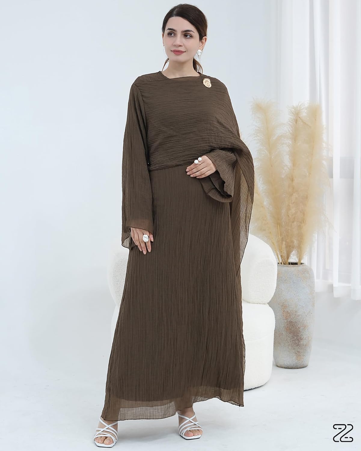 Elegant Muslim Dress for Women, Solid Color Double Layer Abaya with Attached Shawl & Back Zipper, Belted Modest Maxi Gown - Image 5
