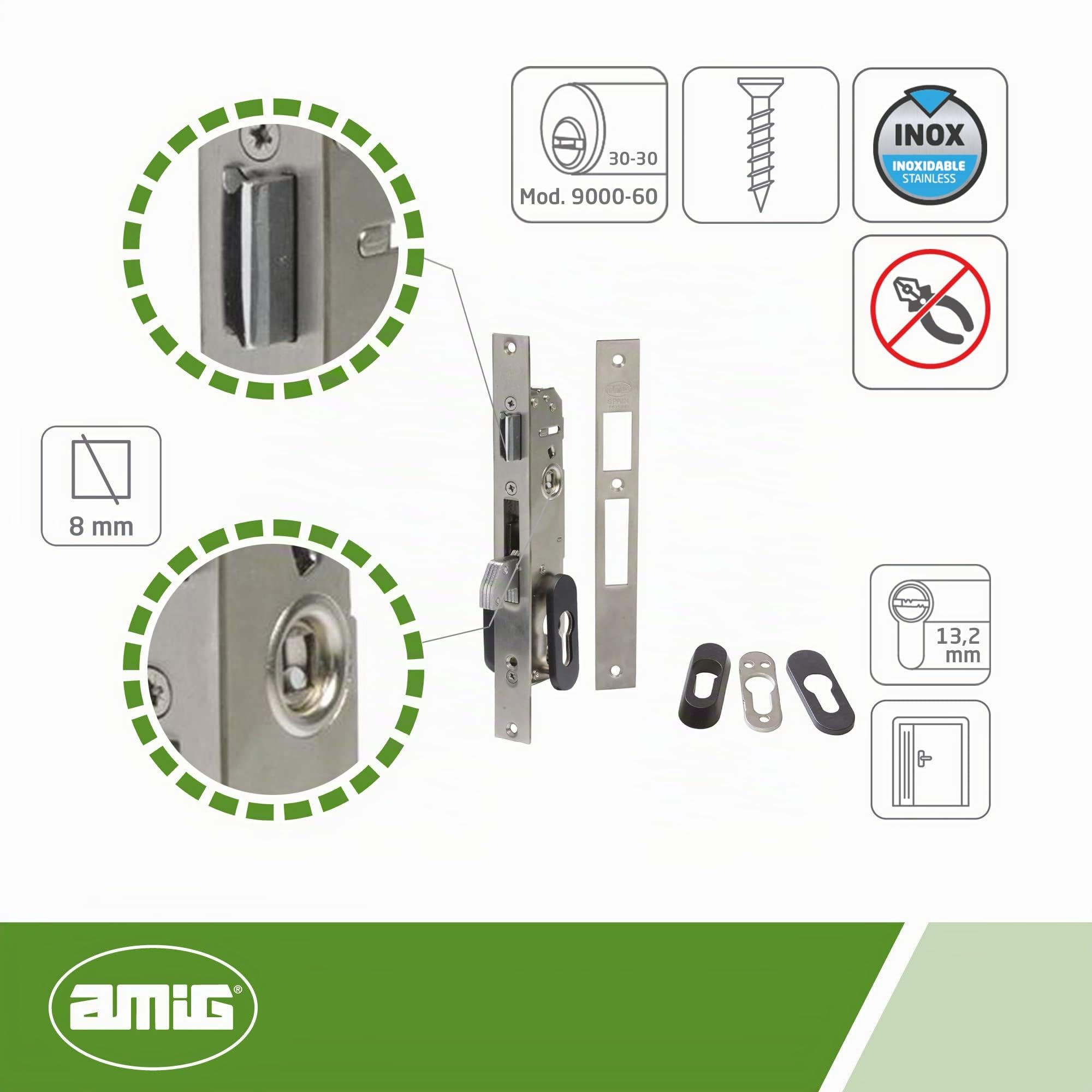 Amig - Cerradura de Embutir para Carpintería Metálica Mod. 770-20 mm - Cilindro Europerfil de Leva de 13,2 mm - Picaporte Reversible y Cierre Basculante - Acero Inoxidable