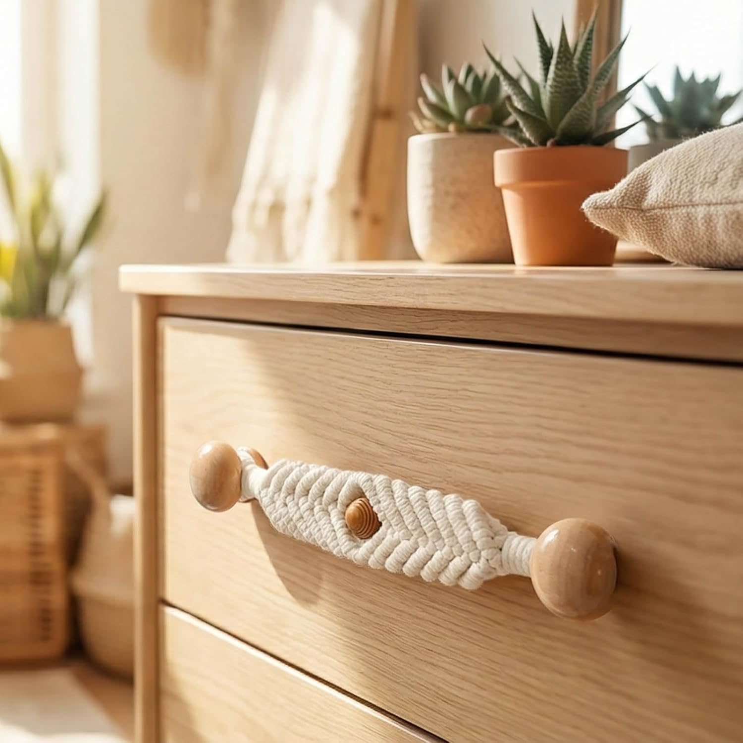 2-Pack Boho Drawer Pull, Macrame Wardrobe Handle, Decorative Wooden Knobs, Handmade Dresser knobs with 4 Screws, Cotton Rope Craftsmanship, Boho Cabinet Handle, Drawer knobs, (Art Deco)