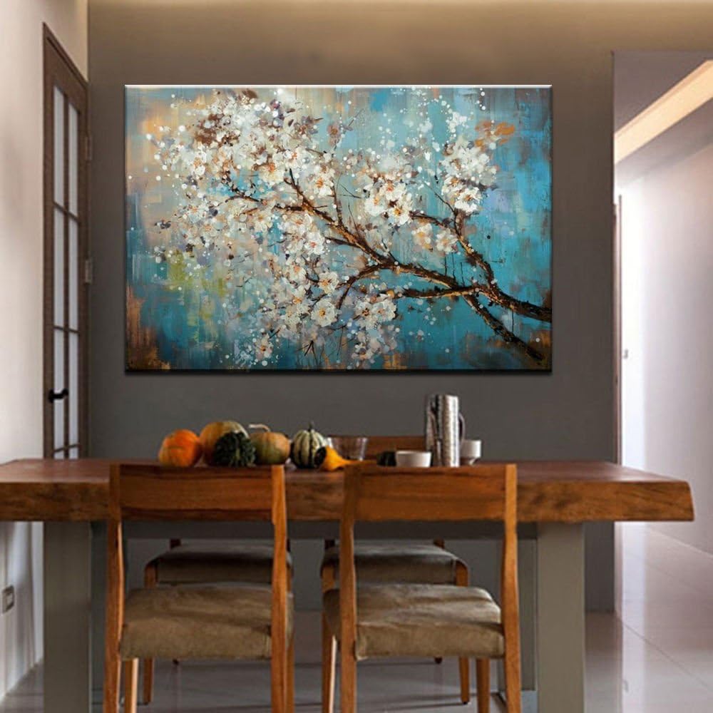 IPLST@ Modern Abstract Hand Painted Blossoming Pear Tree Flowers Oil Painting for Bedroom,Dinning Room Decoration, Large Fabric Canvas Art for Wall Decals -24x36inch (No frame,without stretcher)