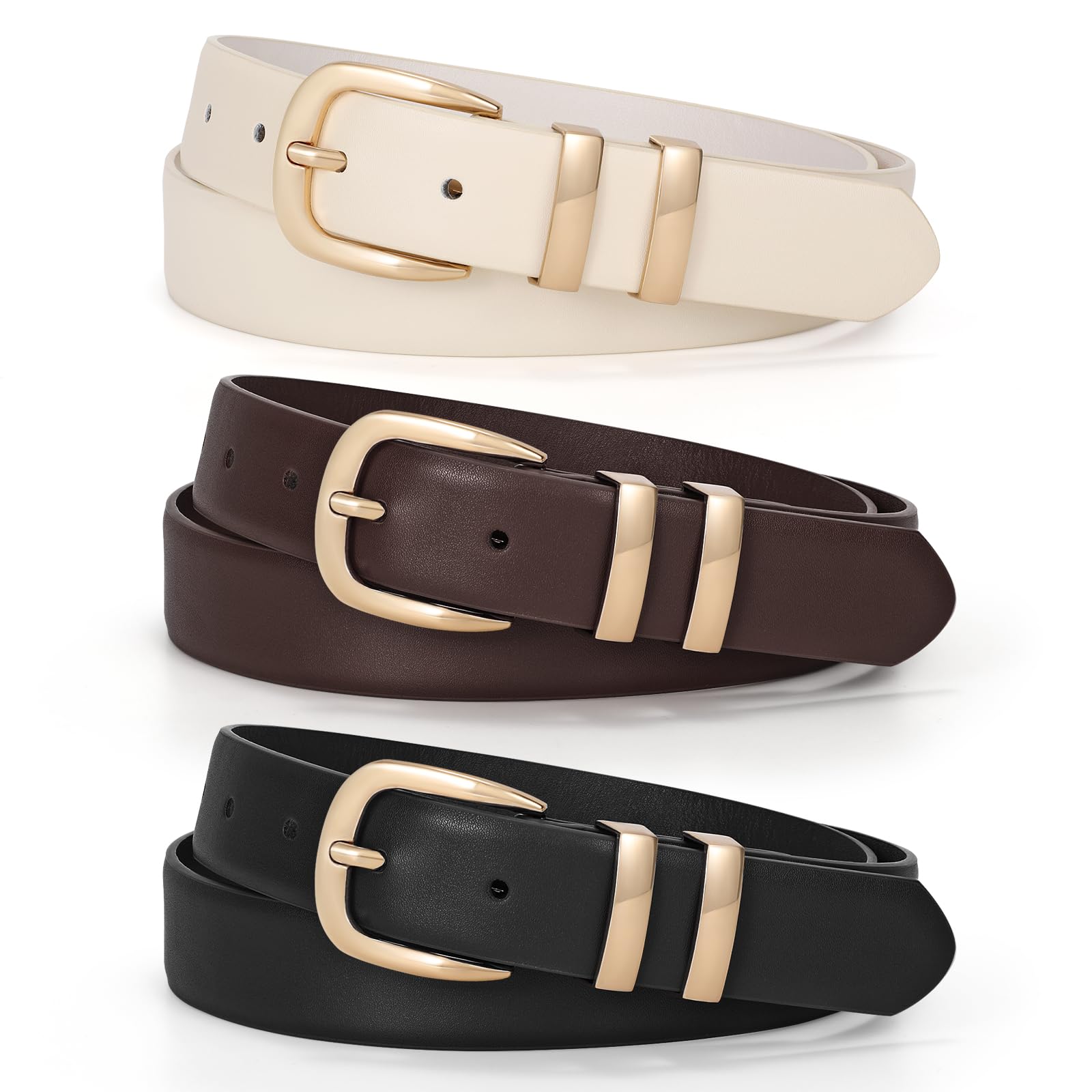 LEACOOLKEY 3 Pack Women Leather Belts for Jeans Gold Buckle Fashion Ladies Leather Belt for Dresses