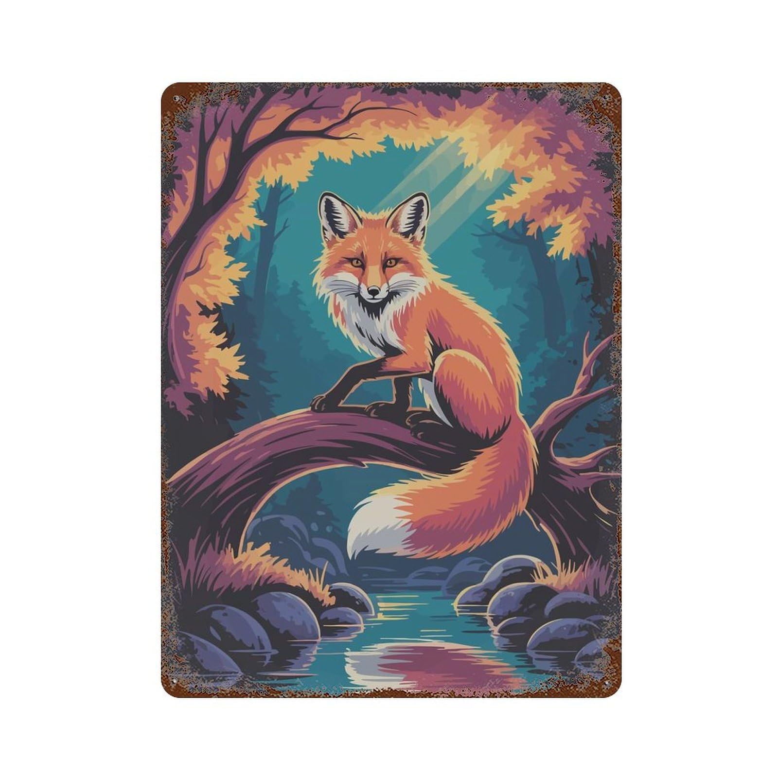 Fox on A Branch by A River Aged Metal Wall Plaque 15.7"x11.8", Decorative Metal Wall Art for Garage, Pub Or Kitchen