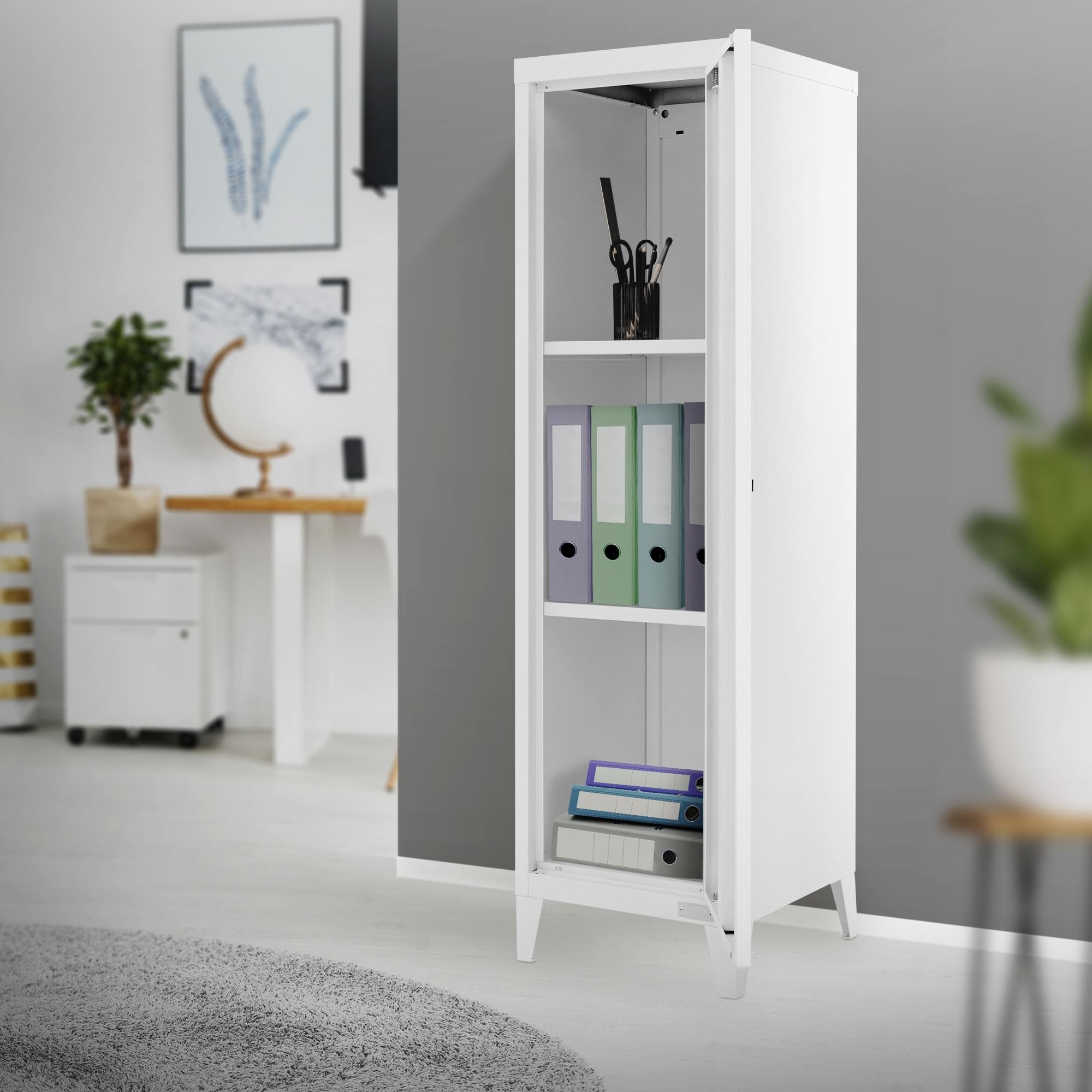 ML-Design Schedario Alto 38x38x137,5 cm Bianco Acciaio Mobile da Ufficio a 4 Gambe Armadio per Archiviazione in Metallo a un'Anta, 3 Scomparti Interni Comodino Mobiletto Portadocumenti Armadietto