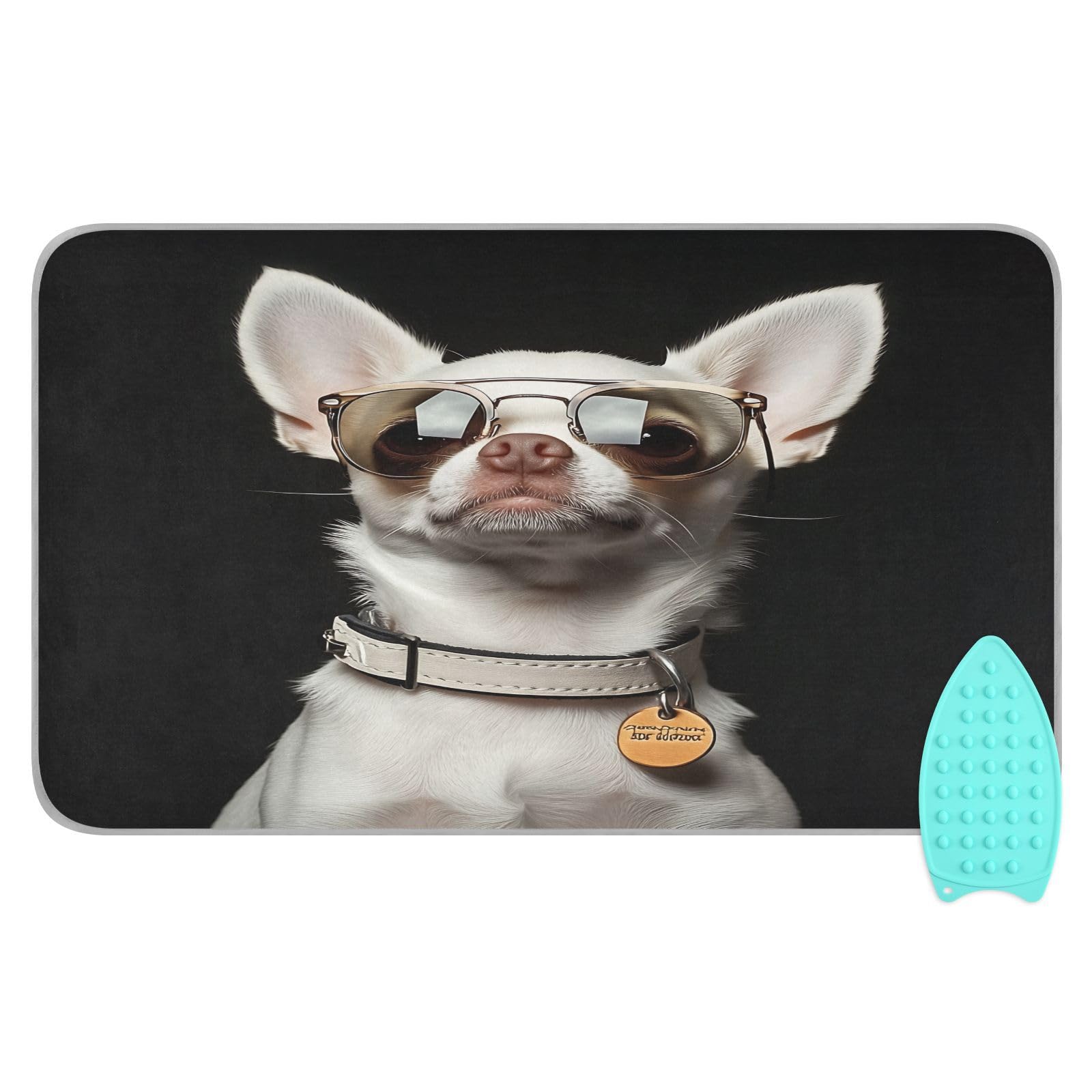 pnyoin Portable Ironing Mat Dog Wearing Glasses Travel Ironing Pad with Silicone Iron Rest for Steam Pressing on Tabletop or Bed Heat Resistant Portable Quilting & Travel Blanket
