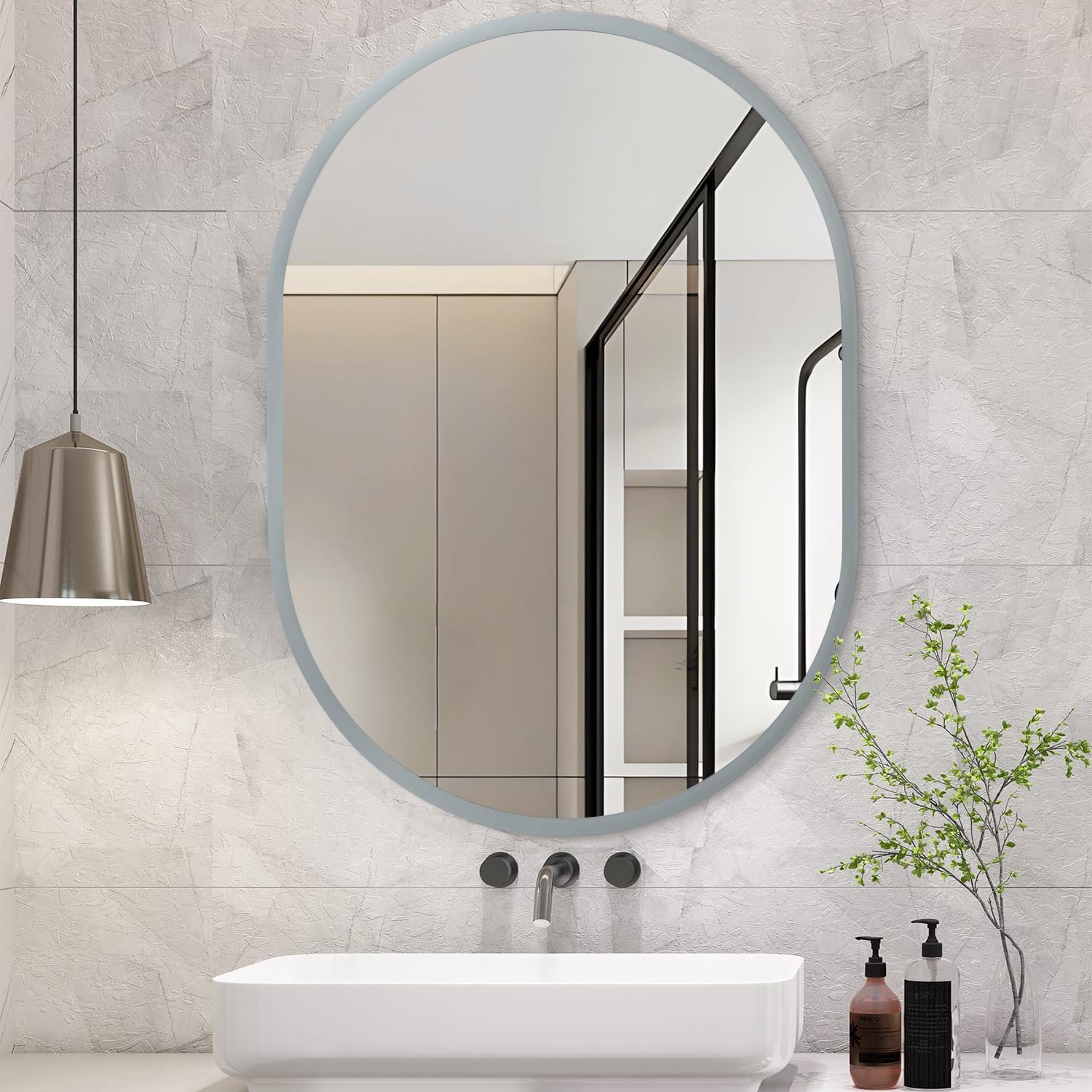 JJUUYOU Oval Wall Mirror with Metal Frame Oval Mirrors for Wall 12"x16" Small Hanging Vanity Mirror for Bathroom Vanity Living Rooms Bedrooms Entryway Hallways Flexible Mounting Gray