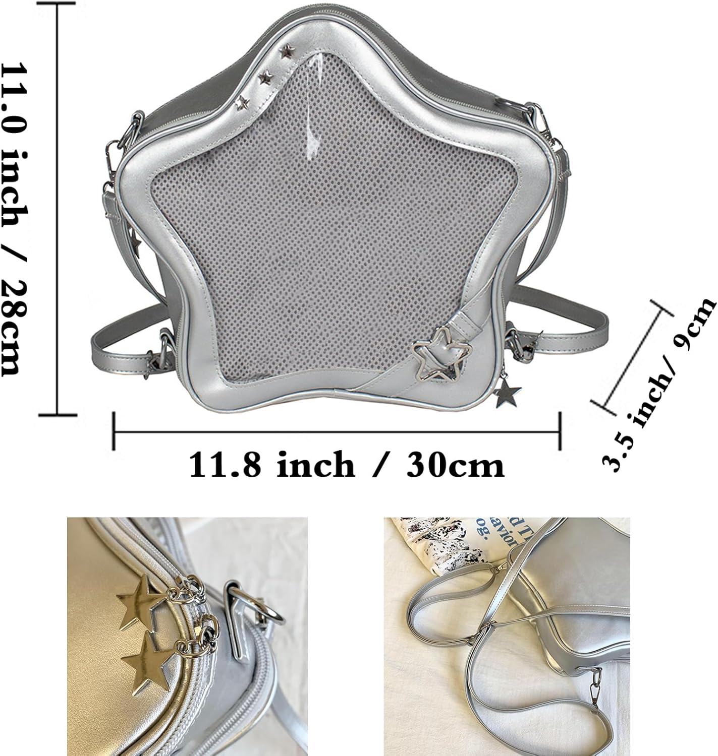 Star Shape Ita Bag - Women's Crossbody Backpack Purse, PU Leather Cute Aesthetic Handbag for Pin Insert Display (White)