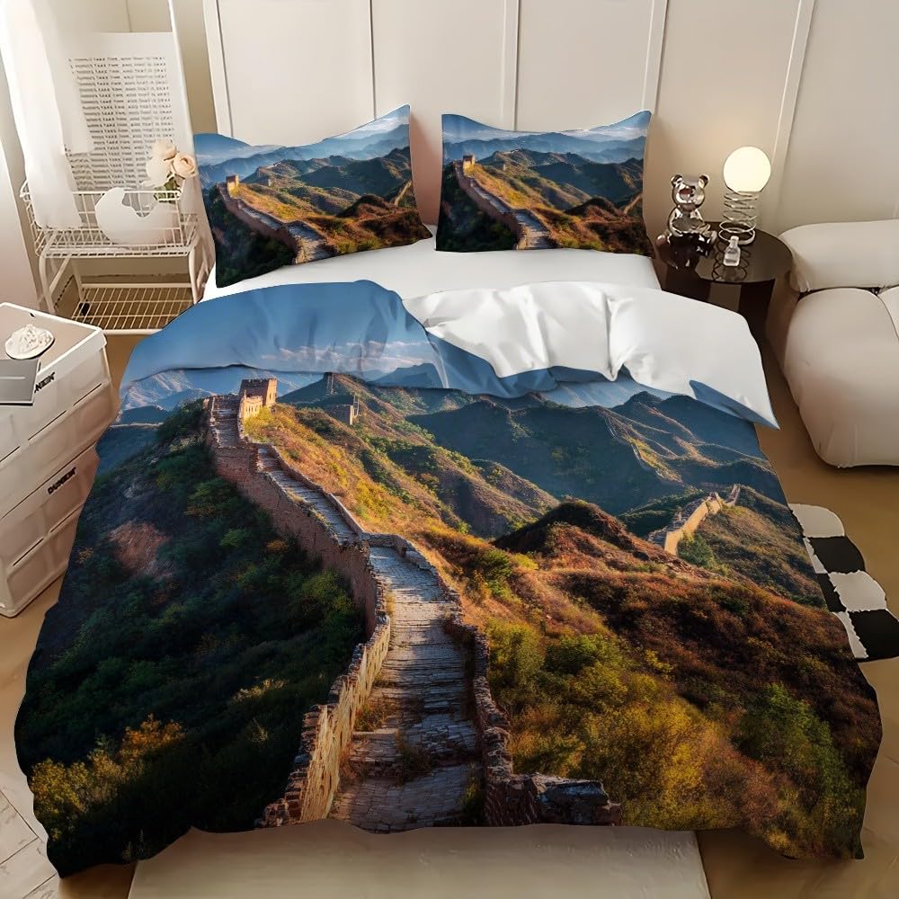 3-częściowy komplet pościeli z mikrofibry, z zamkiem błyskawicznym – poszewka na kołdrę 240 x 220 cm i 2 poszewki na poduszkę 80 x 80 cm, naturalny krajobraz, miękka, oddychająca poszewka na kołdrę