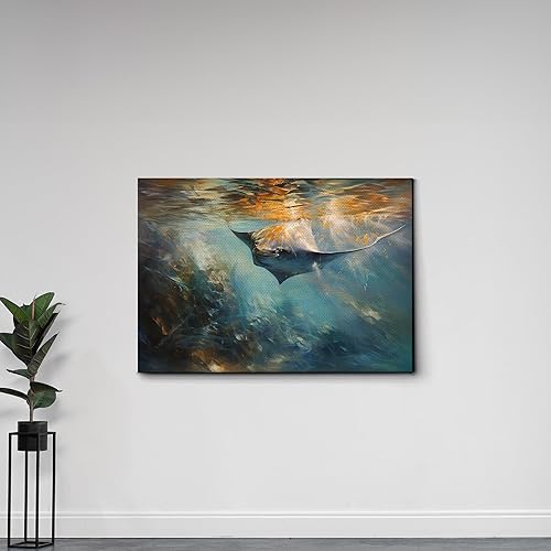 Miniatura 4 de Nautical Print on Canvas for Wall Decor, Ocean Fish Manta Ray Canvas Wall Art, Beach Print for Wall Hang, Turquoise Coastal Pictures Wall Decor,