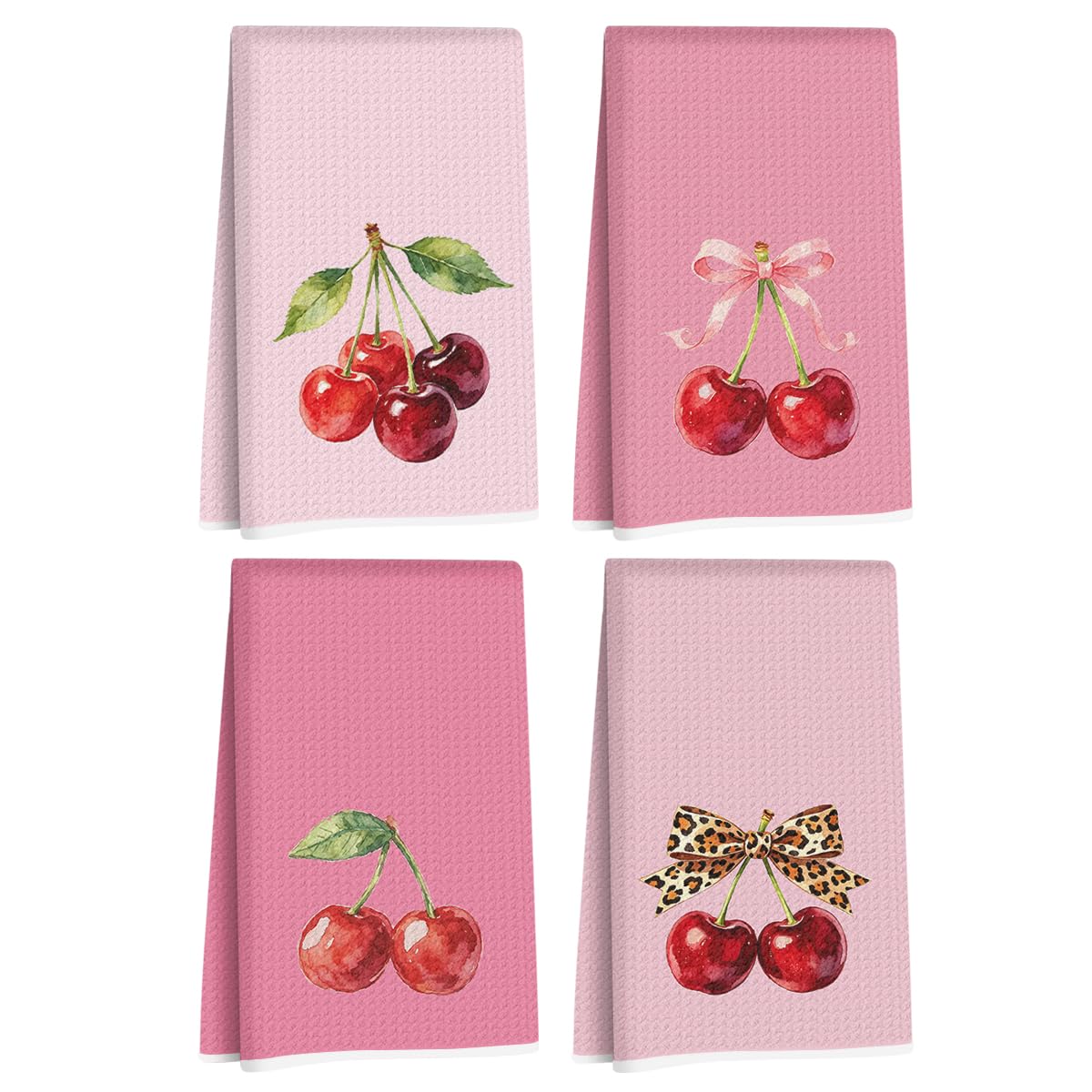 4 Pcs Cherry Hand Towels for Bathroom, Pink Preppy Bow Reusable Dish Towels