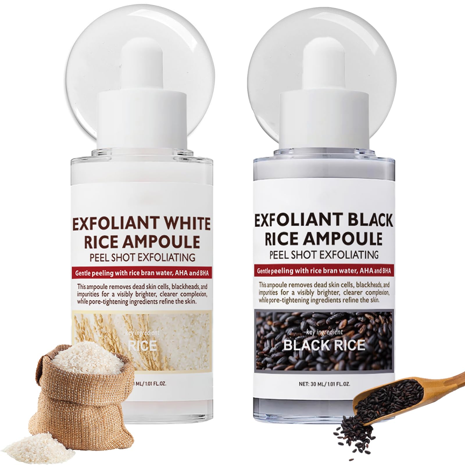Black and White Rice Exfoliant, 2PC Peel Shot Glow Rice Ampoule Duo White Rice + Black Rice Ampoule