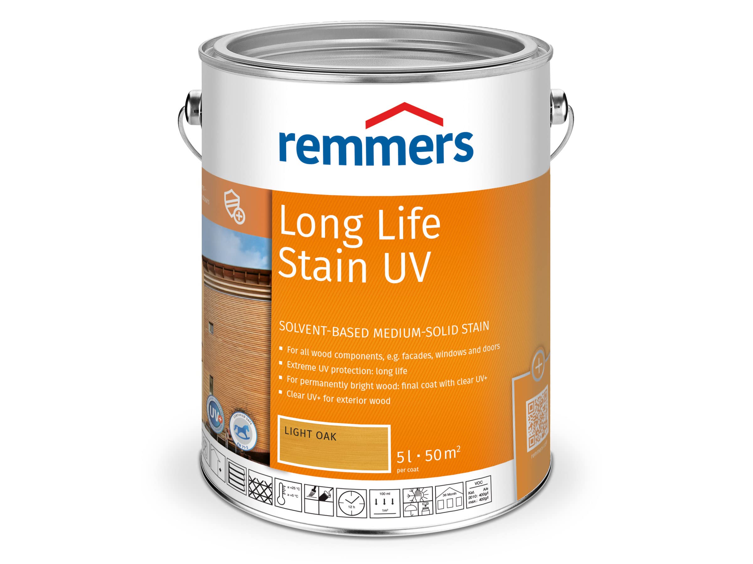 Remmers Light Oak Long Life Stain Uv 5 Litres, Solvent-Based Wood Uv Protection For Exterior Use, High Uv Protection Also For Light Shades And Colourless Uv+, Block-Resistant, Weather-Resistant