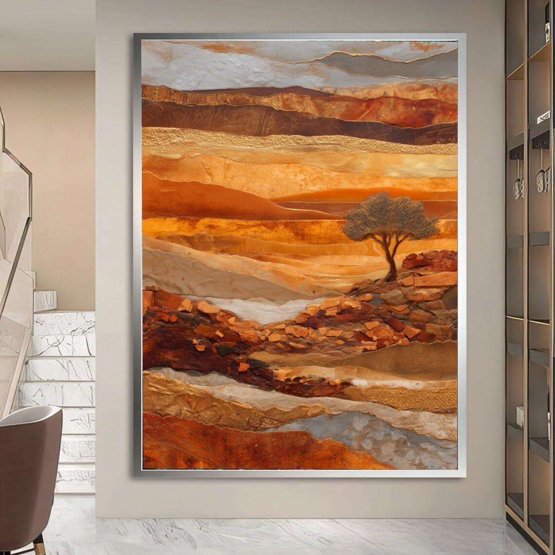 XBTYKPB Paisaje en tonos tierra cálidos, cuadro de escena desértica en lienzo, pintura de árboles y colinas rocosas, decoración natural con textura, listo para colgar (60x90cm/marco interior).