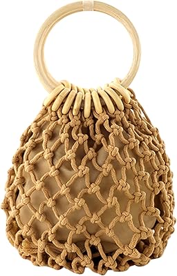 Ayliss Women Mini Clutch Tote Handbag Top-handle Bucket Drawstring Handbag Summer Beach Woven Handmade Fishing Net Bag Pouch Purse (Light Khaki, Mini)