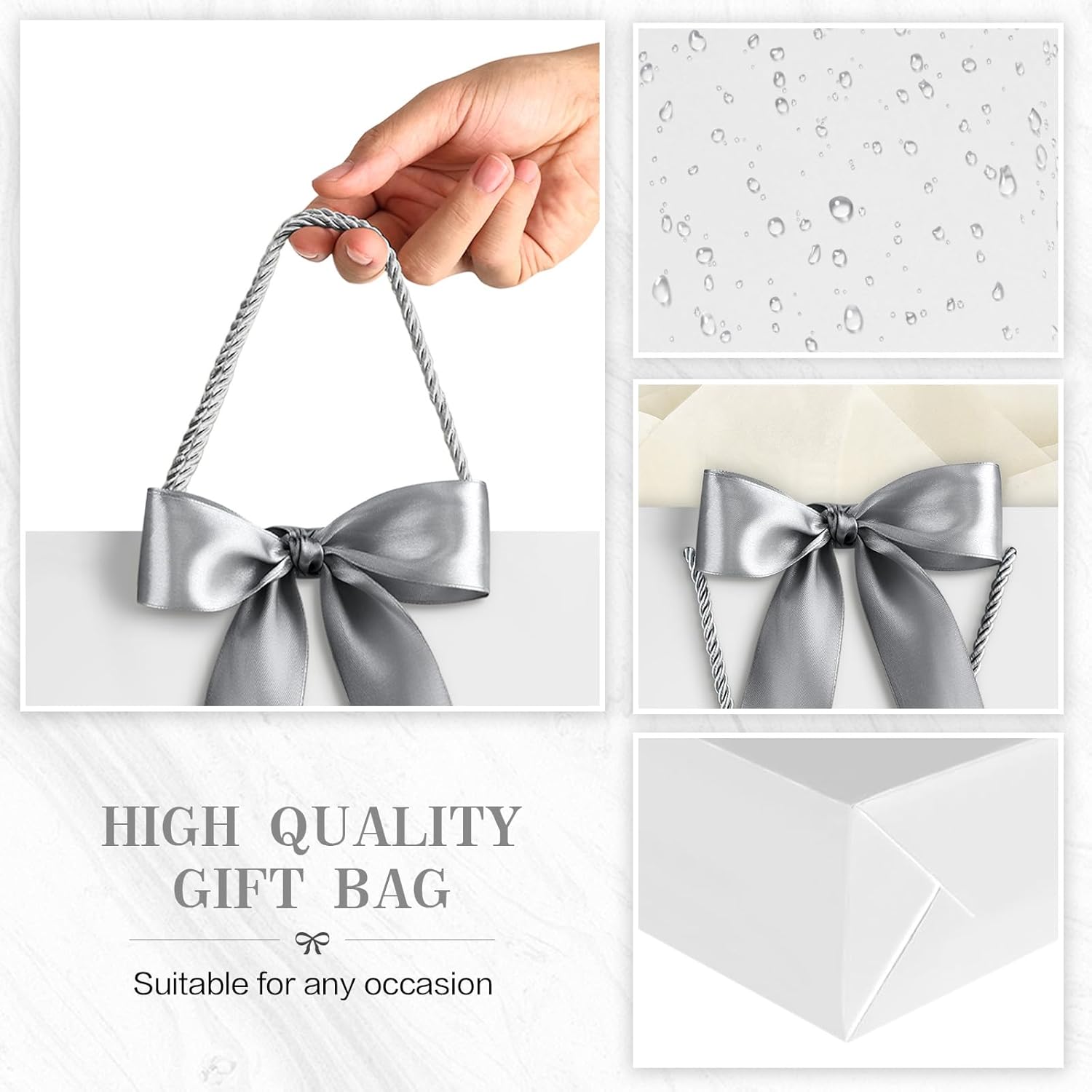 YoungTree 1PCS Large Gift Bag with Ribbon and 1 Greeting Card 2 Tissue Papers, Portable Paper Gift Bag with Handles, Birthday Gift Bags,Present Bags for Wedding Party,Mothers Day9.8"X12.6"X3.9"(White - Image 4