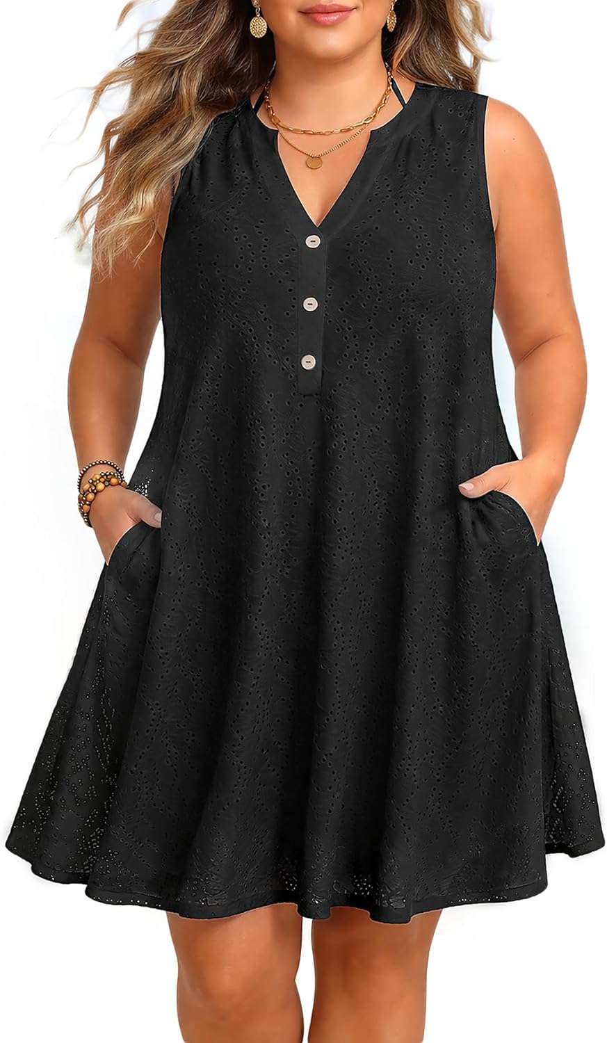 Pinup Fashion Plus Size Swimsuit Cover Up Women - Hollow Out Sleeveless Beach Cover Dress with Pockets