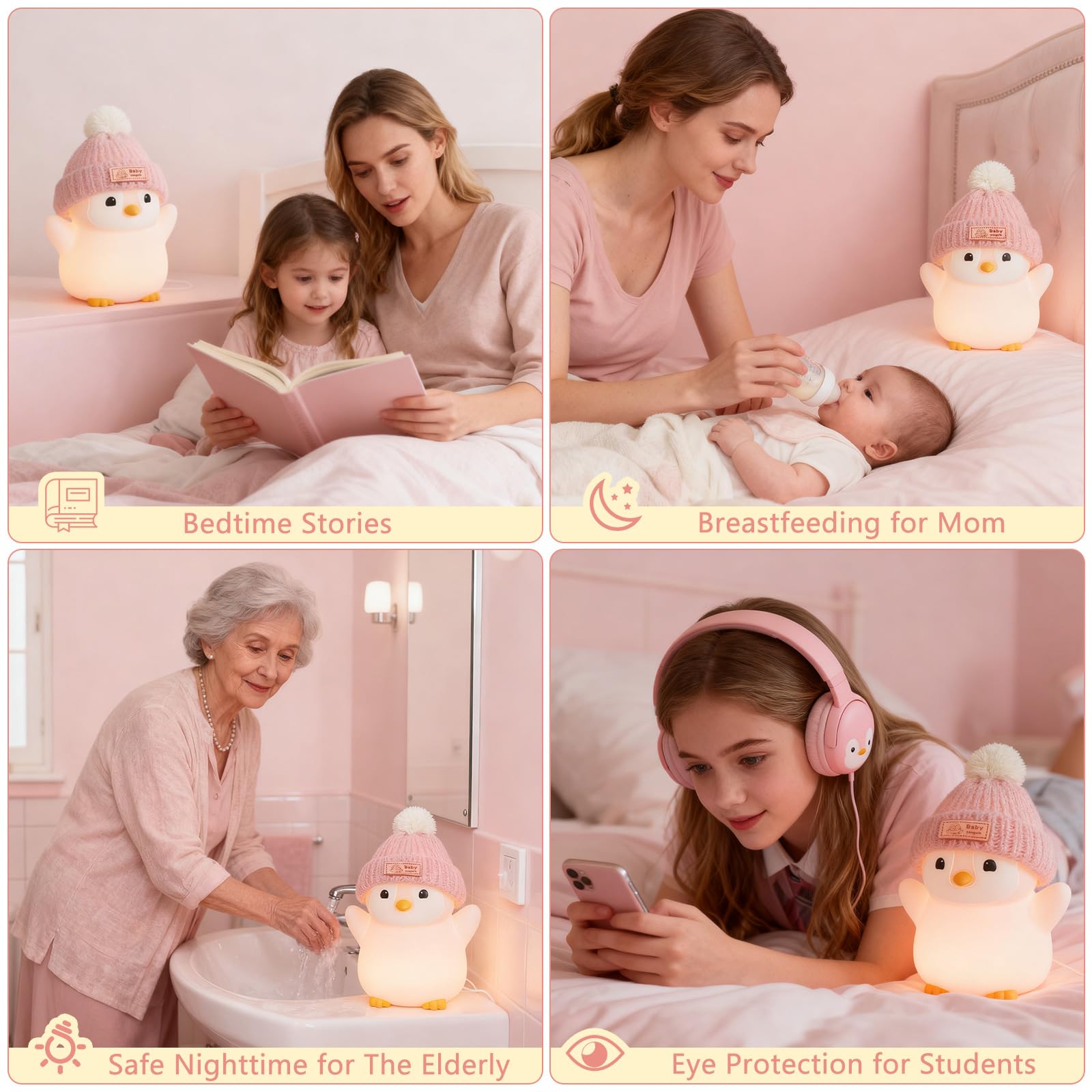 FAMIDUO Luce notturna a forma di pinguino, graziosa lampada a forma di pinguino rosa con cappello lavorato a maglia, luce notturna in morbido silicone per bambini, ricaricabile/dimmerabile/timer