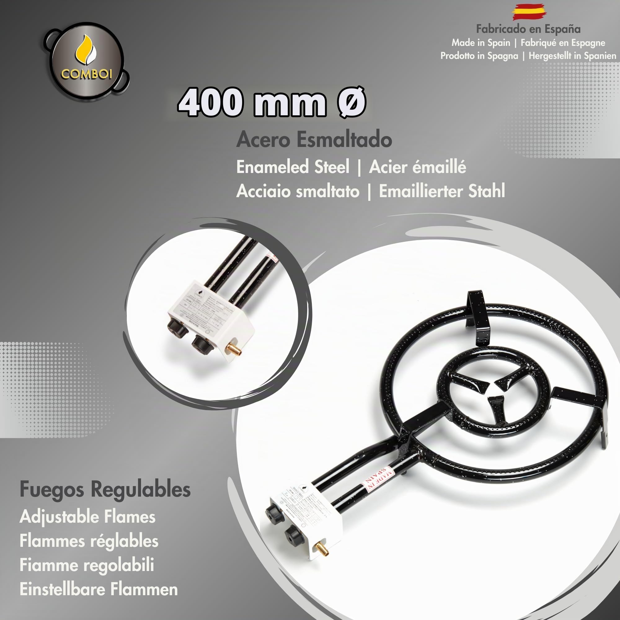 COMBOI Paellero Gas Butano 40 cm Kit Quemador con Paellera de 46 cm Soporte de 3 Patas Nivel Delantal Libro de Recetas Digital