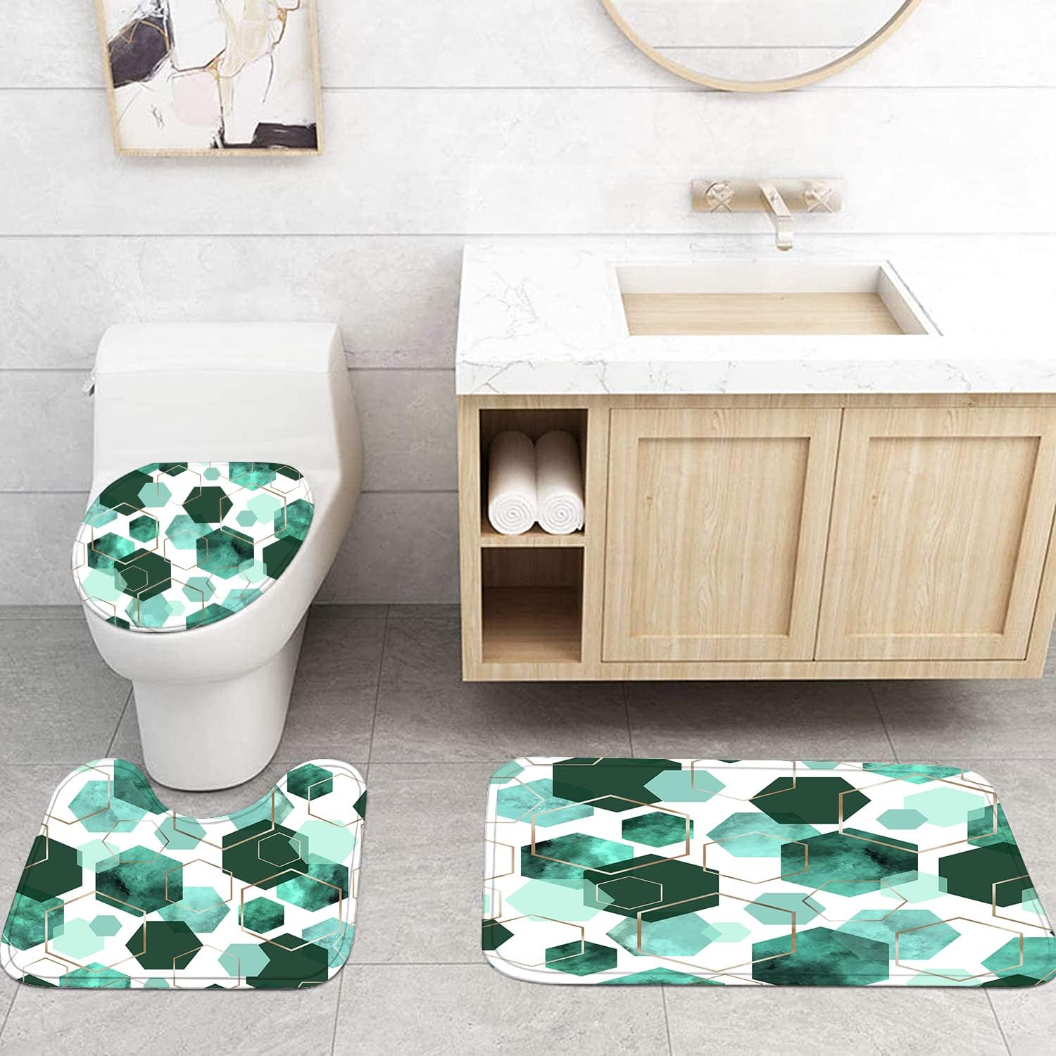 LQCOOL 4Pcs Indigo Shower Curtain Set Marble Grain Geometric Bathroom Set Fresh Turquoise Abstract Bathroom Curtain Set with 12 Hooks Carpet Bath Mat and Toilet Rugs