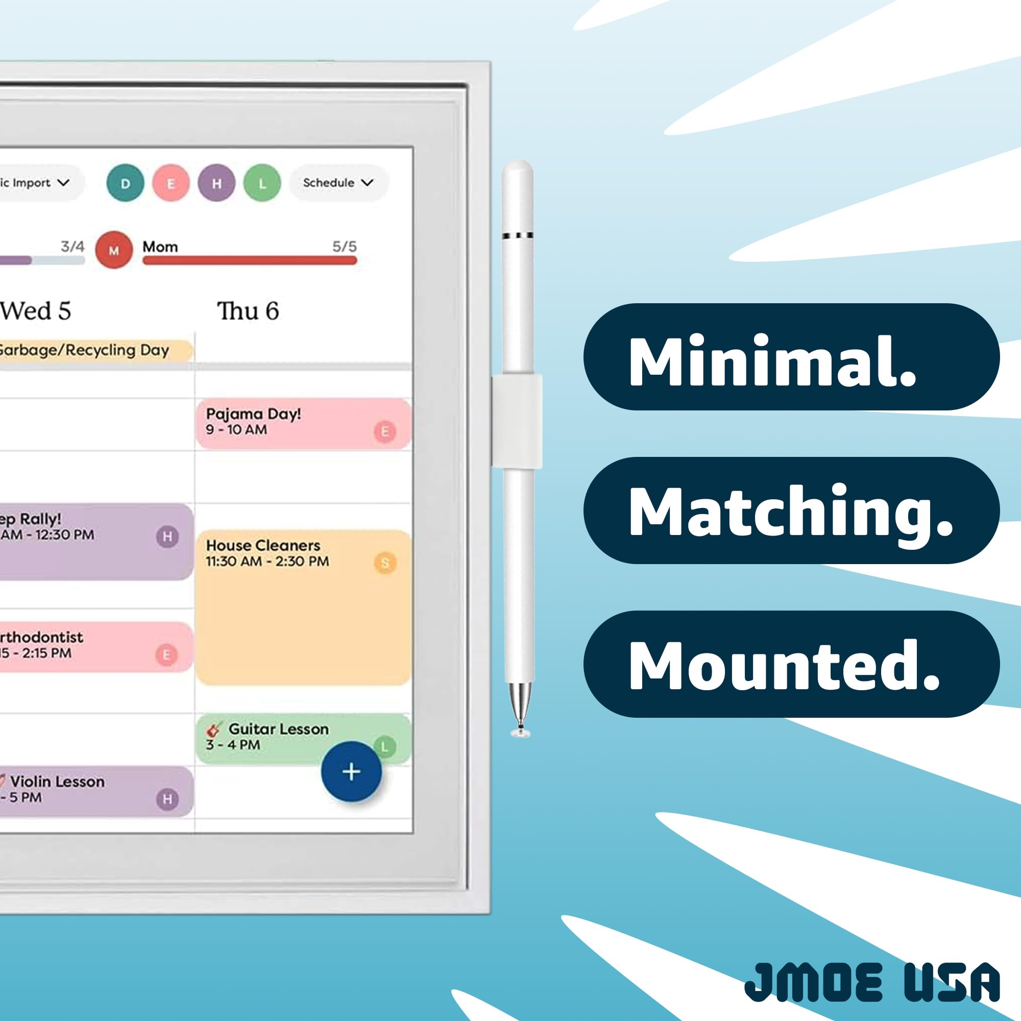 Jmoe USA Stylus and Mount Compatible with Skylight 15 inch and 27 inch Calendar | Dual Tip with Mesh and Disc Tips | 2 Spare Replacement Parts | Flexible Stylus Holder Mounts to Calendar