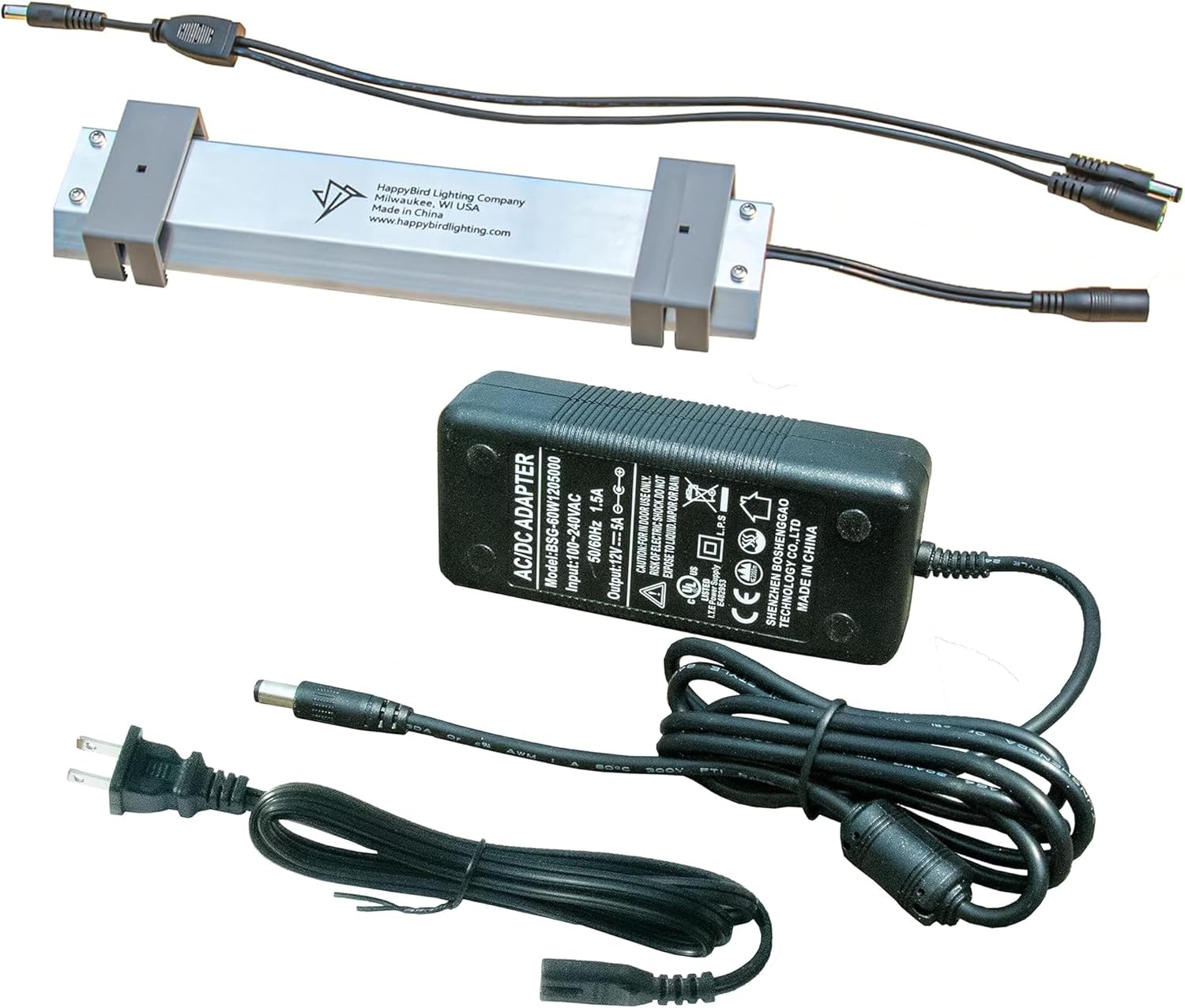 HappyBird Lightning (A Divison of M&M Cage) Bundle of one 6 Pack of 8 LED linkable Light bar Plus one 5 AMP Power Adapter for Lighting Multiple Bird Breeder Cages