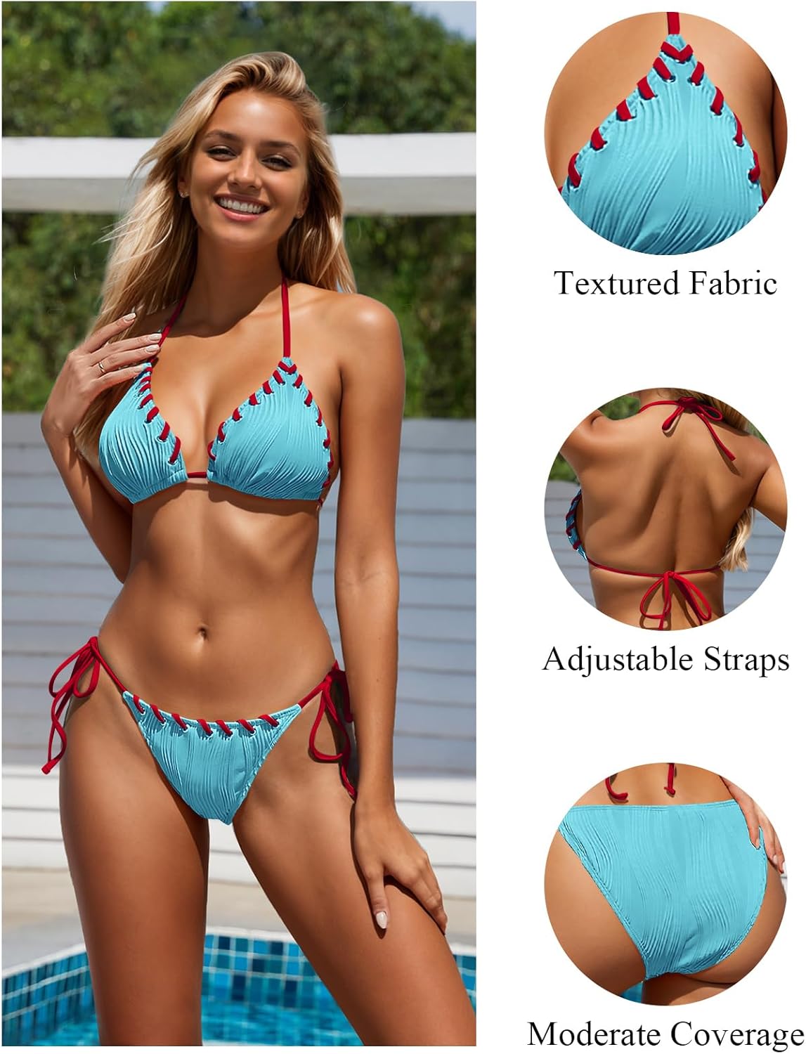 Women Two Piece Bikini Swimsuit Color Block Bathing Suits Halter Triangle String Bikini Sets - Image 5