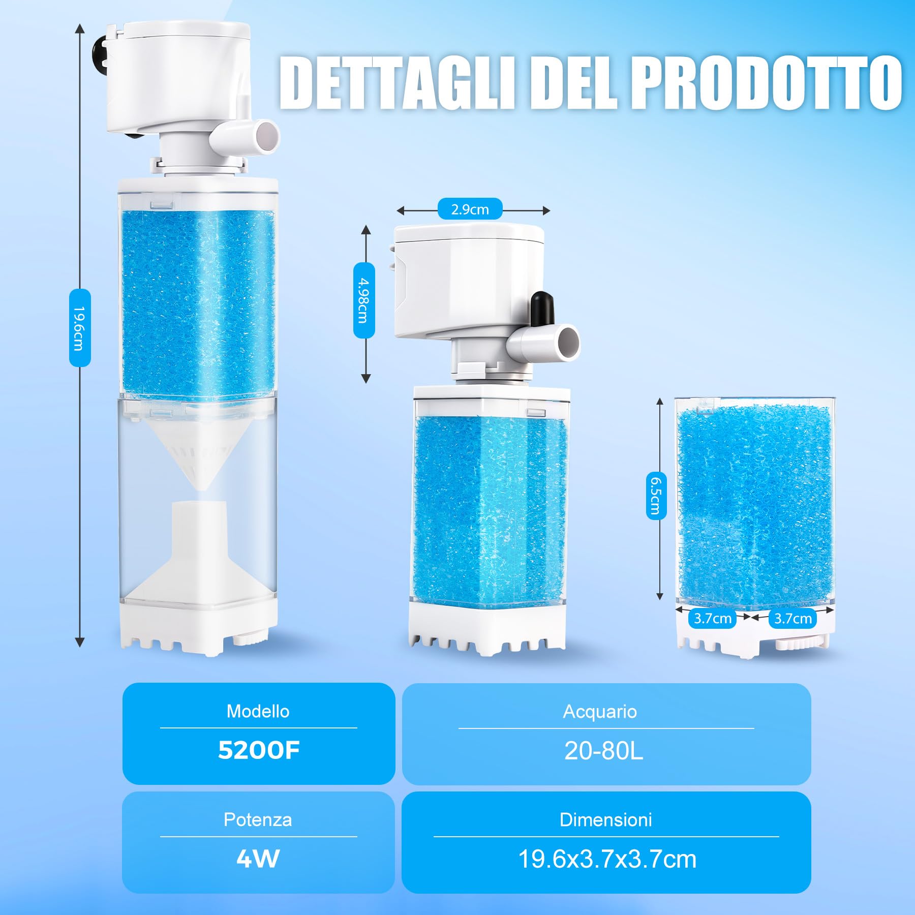 Vehipa Filtro Acquario 4W, 350L/H - per 20-80 Litri - Pompa con Funzioni di Ossigenazione Regolabile, Circolazione dell'Acqua e Filtraggio