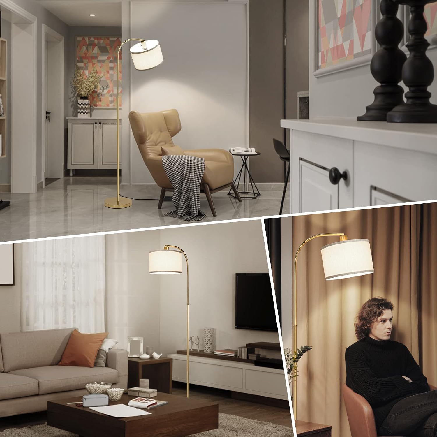 Boncoo LED Arc Floor Lamp Fully Dimmable Modern Standing Lamp with Adjustable Drum Shade, Golden Tall Pole Reading Lamp Corner Light for Living Room Bedroom Study Room, LED Bulb Included