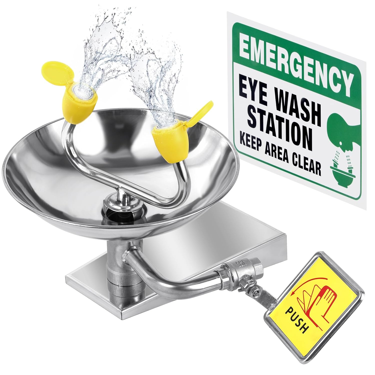 Stainless Steel Eye Wash Station, Wall-Mounted Emergency Eye Washer- Multifunctional Nozzle, OSHA Approved, Eye Irrigation Sign & Enlarged Basin